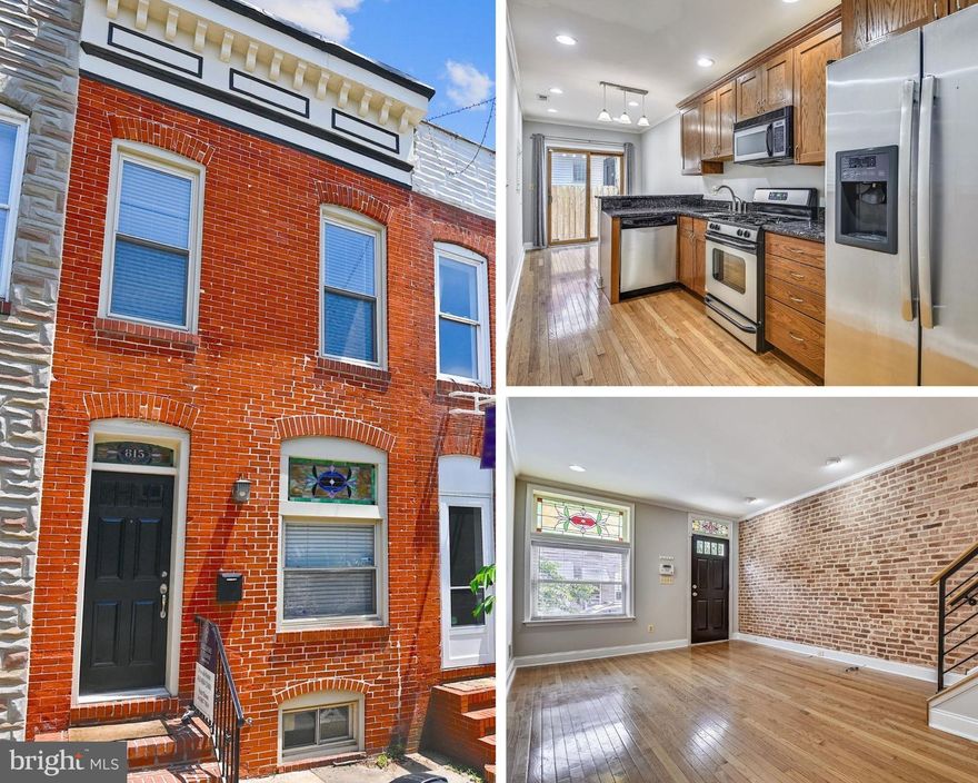 Remarkable Canton Location and quality renovation featuring over 1750 square feet of premium finished living space.  Property highlights include 3 large equal sized bedrooms (above grade) each with their own private bath and a central access roof-top deck with amazing city views!  Other features include gourmet kitchen with Stainless Steel Appliance Package/Granite/Pendant Lighting/Breakfast Bar/Custom Cabinetry, hardwood flooring, crown moldings, coffered ceilings, exposed brick,  private patio off kitchen, wet bar leading to roof-top deck, main level half-bath, private deck off second floor rear bedroom (second master suite), recessed lighting, ceiling fans, generous closet space, great natural lighting and much more.  Recent updates include new carpet and new painting throughout.