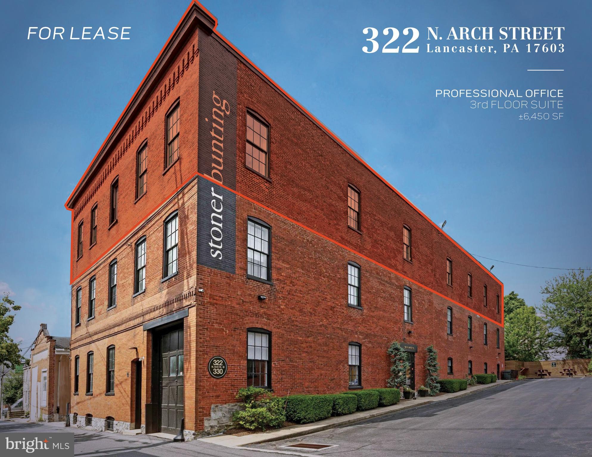 Available for lease - beautiful 19th-century warehouse restored and enhanced with contemporary Class A office design. Third floor suite (6,450 SF) consists of mix of private offices, conference rooms, open floor plan, private restrooms and kitchenette. High ceilings and large windows provide amazing views and abundant natural light to illuminate space. Secure entry, ample on-site parking and basement storage. HVAC system includes commercial grade UV air purification system to clean and reduce airborne contaminants, pollen, spores, etc. Lease rate: $12/SF NN (NN's estimated $7-8/SF). Suite will be available April 1, 2025.