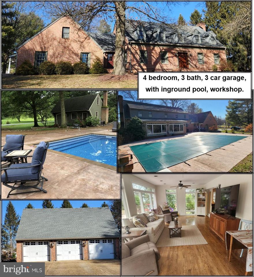 All Brick cape cod home located west of I81, 3 car garage, inground heated pool, 4 BR, 3 full baths, this is what you have been waiting for.   Home features a large kitchen, first floor bedroom, full bath. Large sunroom off the pool area for entertaining, has specialty Andersen windows and doors that open for summer time entertaining.    FR with wood burning FP, Separate DR, hardwood flooring through out most of the first floor.   Second floor has 3 BR, with the Primary BR and bath going through a total renovation,  double walk in closets, shower with 2 heads.  The 2 other BR's are spacious,   
INGROUND HEATED Sports pool, with automatic cover, it was designed for games, the deep end is in the middle so that you can have those competitive pool volley ball games.   The workshop/shed/ has electric and a wood stove, the garage entry door was built to be able to lift items from the bed of a truck or van into the building, without having to bend down.   Huge 3 car garage with steps to the bonus room, that is fully finished with its own heat and AC, the bonus room has a second access through the closet in BR 3.