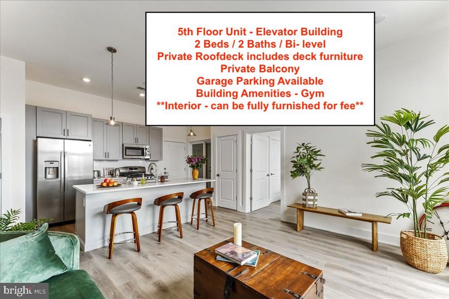 MOVE IN READY condo unit with amazing roof deck available in the North Liberty Triangle Condo building!  Location location location!  This building is located right in the heart of Northern Liberties with walkability to Acme, the Piazza, Liberties walk, Fishtown and all the restaurants & entertainment N Libs has to offer.    The unit features: 2 bedrooms, 2 full bathrooms, an open floor plan, luxury vinyl floors throughout, a spacious kitchen with island, washer & dryer in unit and a balcony & roof deck for all outdoor entertaining needs.   The bedrooms are a generous size and located on opposite sides of the unit to provide for extra privacy.  Easy FOB entrance to the building with an elevator up to your floor.  Building amenities include: a small fitness center on the ground floor.   There is a garage parking space that could be rented as well - ask for details.   All the roof deck furniture will remain in the unit for tenants to use.  Unit can come furnished as well if needed for an additional fee.  1 GARAGE PARKING OPTION AVAILABLE for an additional $200 fee (electric charging as well).   Ask for video tour - available on you tube.