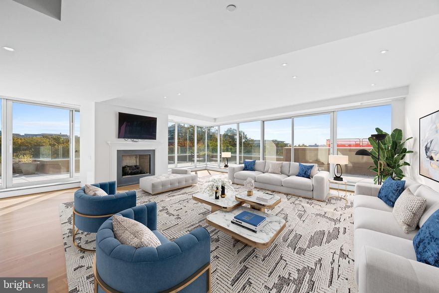 This stunning duplex unit offers a private elevator, gracious entry hall, impressive living room with fireplace and  views, sophisticated dining room, powder room and chef's kitchen with pantry. There is also a lovely library/family room, primary suite with luxurious bathroom, and two additional bedrooms and a bathroom on the first level. The second floor has a study/bedroom, full bathroom, secondary kitchen, sauna, spa and private gym. Each floor opens to the generous wrap around terrace with a private pool and panoramic unparalleled views of the Potomac River, Kennedy Center, Washington Monument and beyond.