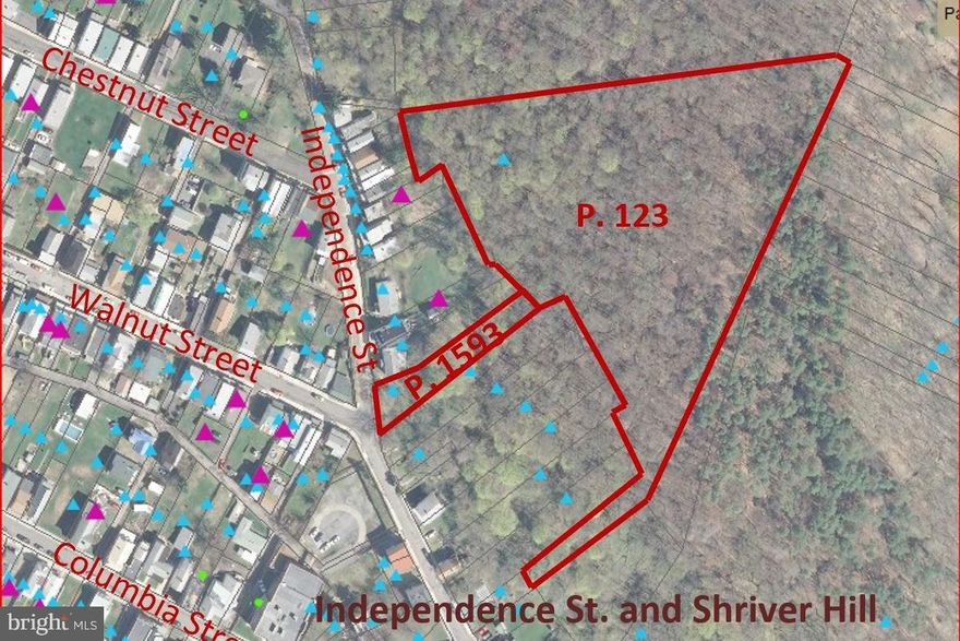 These two (2) undeveloped real-estate parcels are located on Shriver hill in Cumberland, Maryland at the intersection of Walnut and Independence Streets. The 0.6-acre Independence Street parcel is the "access road" to the 6.5-acre Shriver Hill property from Independence Street. In other words, the parcels are connected. Tax description for the first property is “Independence St., Lots 1-2 86 ft. x 276 ft.  and 10 ft. x 240 ft.”  ID #0105007763. Tax description for the second property is “6.5A Shriver Hill.” ID #0105007755