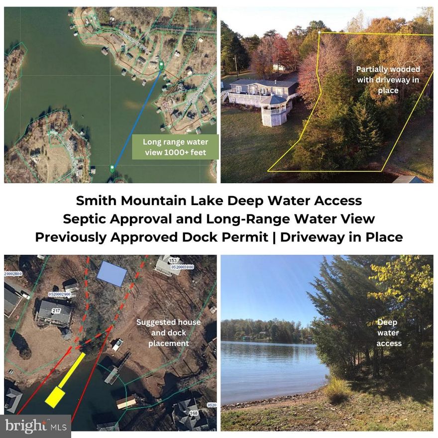 Are you living for lake breezes and mountain sunsets? Find your peace and design a dream lakefront retreat on this expansive nearly 1-acre lot with over 100 feet of deep water frontage on Smith Mountain Lake. With a previously approved dock permit (just awaiting recertification), a completed survey, and septic approval already on file, this property is ready to bring your vision to life. Experience breathtaking water views and enjoy easy lake access, making it an ideal spot for boating, fishing, and endless recreation. Don't miss this rare opportunity to own a premium piece of Smith Mountain Lake's coveted waterfront! Seller is offering 2.5% in concessions.