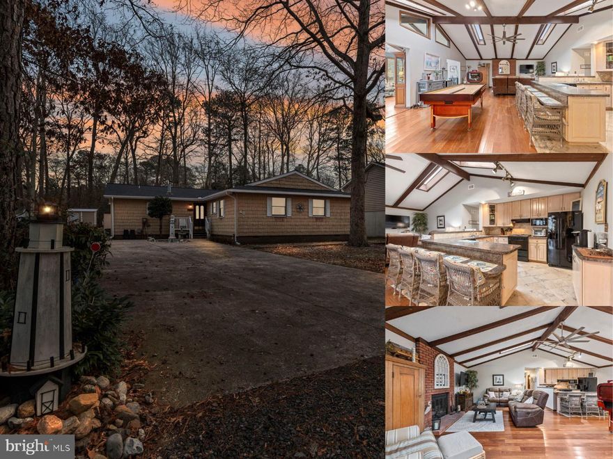 Located in the established Ocean Pines community, this well-maintained 4-bedroom, 2-full-bath rancher offers comfortable single-level living with a functional layout and scenic golf course views. The interior features spacious living and gathering areas highlighted by vaulted ceilings, exposed beams, skylights, and a wood-burning fireplace in the living room. The kitchen provides ample cabinet and counter space and opens to the main living areas, supporting both everyday living and entertaining. Multiple living and dining spaces offer flexibility, including a sunroom filled with natural light. All four bedrooms are located on the main level, including a primary bedroom with convenient access to a full bath. Hardwood flooring is featured throughout much of the home, with durable tile in select areas. Outdoor features include a screened porch, a separate deck, and a backyard fire pit area, offering multiple options for outdoor use. The property backs directly to the golf course, providing a peaceful and scenic backdrop. A detached storage shed offers additional space for tools or equipment. The property sits on approximately 0.24 acres and features a concrete driveway providing off-street parking. Recent improvements include a new roof installed in December 2025 with a 20-year transferable warranty, along with new gutters and skylights backed by a 5-year warranty. Community amenities include access to an indoor, in-ground pool and shared common areas.