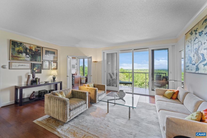 Fantastic views facing East, Rolling hills, Tree Canopy, Sunrises all from this 5th floor condo at University Village. Condo offers 2 bedrooms/2 full baths, Den, Dining room (currently used as a library) very large laundry room w/extra storage space/shelving, two walk in closets in primary suite, designated garage parking spot, extra secured storage in garage adjacent to parking spot. Views of rolling hills, Piney Mountain, private balcony to enjoy it all from, in addition to fantastic views from EVERY room. These top floor end unit condos don't come on the market often. Community amenities are: heated indoor pool, gym, OPTIONAL fine dining 5 nights a week, interest groups, beautiful surroundings/walking paths and lovely sitting and lobby areas to meet friends, social gatherings, 24 hour front desk attendant, ample guest parking. Community is just minutes to UVA, Center for Politics, Foods of All Nations, trails, restaurants, Football Stadium. two dogs permitted per unit. COA fee covers, trash, heating/cooling, water/sewer, electric, basic cable, exterior maintenance. Beautifully maintained community.,Formica Counter,White Cabinets