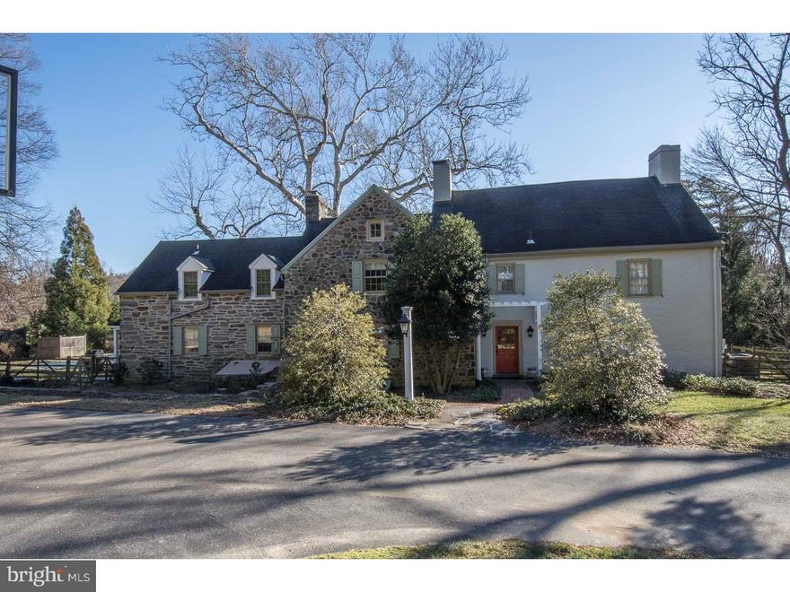 This original Pennsylvania stone farmhouse is perfectly located near the heart of Gladwyne at the corner of Monk and Youngs Ford Roads. The driveway winds through a park like setting of 1.64 acres. The property includes beautiful views, extensive specimen plants and trees, patios and a pool for outdoor enjoyment, yet is located just minutes to Routes 76 and 476. Inside, enjoy extensive built-ins and millwork, deep window sills, and arched doorways throughout. The first floor features 4 fireplaces, original heartwood pine floors in the Living Room, a light filled Sunroom, large Family Room and wood paneled Dining Room. The Kitchen features a full size SubZero refrigerator, separate full size SubZero Freezer, Bosch dishwasher, Thermador 6-burner stove, double ovens and Viking beverage center. The Butler's Pantry off the Kitchen includes a wet bar and a second dishwasher. Upstairs you will find the Master Suite with Master Bedroom, Sitting Room, Master Bath and an additional half bath with washer and dryer. The Master Suite also includes his and her custom closets. Another 3 spacious bedrooms, one currently used as an Office, and 2 full baths complete the second floor. The third floor could be used as an au pair suite, with a large bedroom, renovated full bath and a second room, which can be used as a either a bedroom or sitting room. Charm abounds in this warm and welcoming home. It is within close proximity to great shopping and restaurants, offers easy access to major highways and is serviced by the award winning Lower Merion School District!