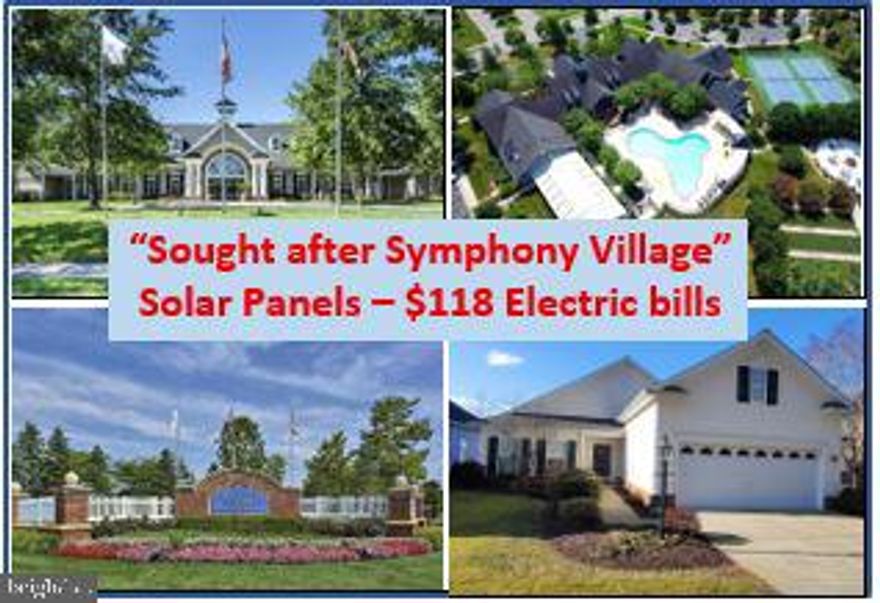 Enjoy having solar with super low $118 a month electric bills! Come fall in love with this amazing sought after 55+ community of Symphony Village with tons of amenities & activities. Wonderful location yet close to hospitals, doctors, shopping, restaurants, beaches, parks, boat ramps & more. Gorgeous 3BR, 2BA rancher with stunning hardwood floors and lots of upgrades. New roof only 3 years old! Original owner has taken meticulous care of his home. 9' ceilings, huge kitchen with corian counters, pantry, gas fireplace, relaxing back patio, sky basement with finished room for an office and storage area.  Great location within the community as it is situated on the outside edge and over looks woods in the front so very peaceful. 1 year home warranty given at settlement for peace of mind. Come get this wonderful home before its gone!! Check out the inside and outside virtual tours in this listing. Owner will consider all reasonable offers.