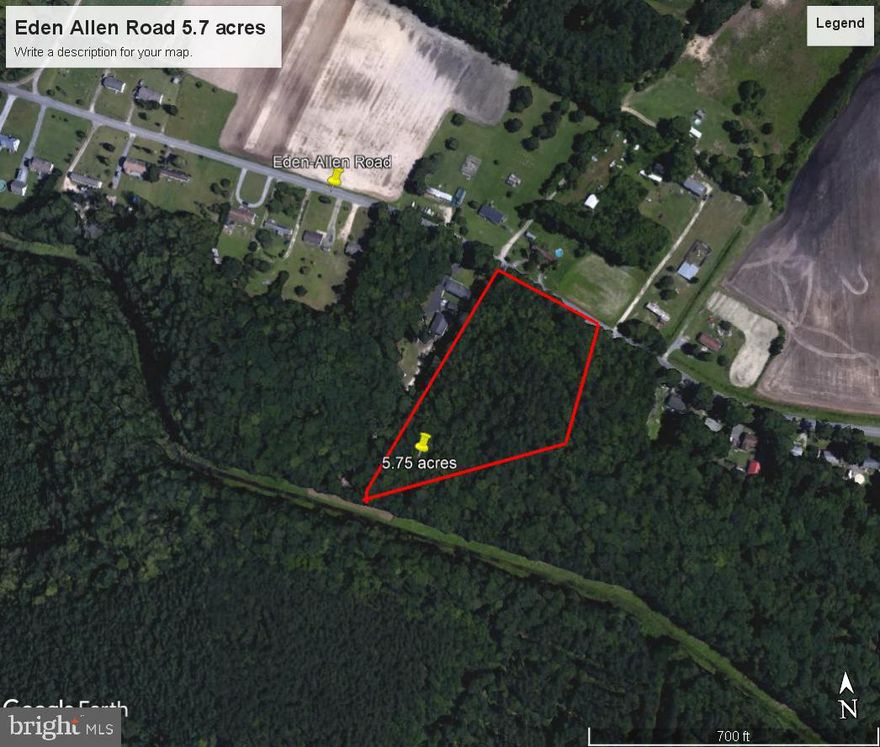 Located on South side of Eden Allen Road consisting of 5.7 acres woodland.  
Subject to Maryland Forest Conservation Act
Note, property failed perc test with Health Department in Somerset County.