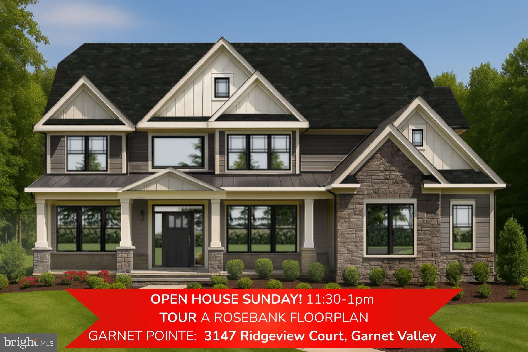 LAST CHANCE: Your Final Opportunity to Own an Eddy Homes Masterpiece in Garnet Valley
The Rosebank Diamond on Homesite 8 offers the perfect blend of luxury and privacy, set on a private wooded homesite spanning 1.54 acres, in the award-winning Garnet Valley School District. Nestled in a peaceful cul-de-sac community, this home is ideally located between Wilmington, DE & Center City Philadelphia.
This modern craftsman-style home showcases luxury at every turn, beginning with a grand two-story foyer that welcomes you into an open-concept main level. Perfect for entertaining, the gourmet kitchen features a spacious island, cozy morning room & a formal dining room with an elegant butler’s pantry. The breathtaking two-story great room boasts a floor-to-ceiling stone fireplace & a dramatic wall of windows. Step outside to enjoy the serene backyard from the spacious patio, ideal for outdoor dining & entertaining.
Guests will love the private first-floor guest suite with a full bath, while upstairs, the owner’s suite offers a true retreat with a spa-inspired bath, freestanding tub, a large corner shower & private balcony perfect for peaceful mornings or relaxing evenings. The second floor also includes a beautifully appointed laundry room, spacious secondary bedrooms & a convenient Jack & Jill bathroom.
Downstairs, the lower level features a walkout basement, offering endless possibilities for future living and entertainment spaces.
Set within the award-winning Garnet Valley School District, this home offers a rare combination of tranquility and convenience—just minutes from upscale shopping, dining, and entertainment.
Don’t miss your opportunity to make the Rosebank Diamond your own. Schedule your private tour today before this rare offering is gone!