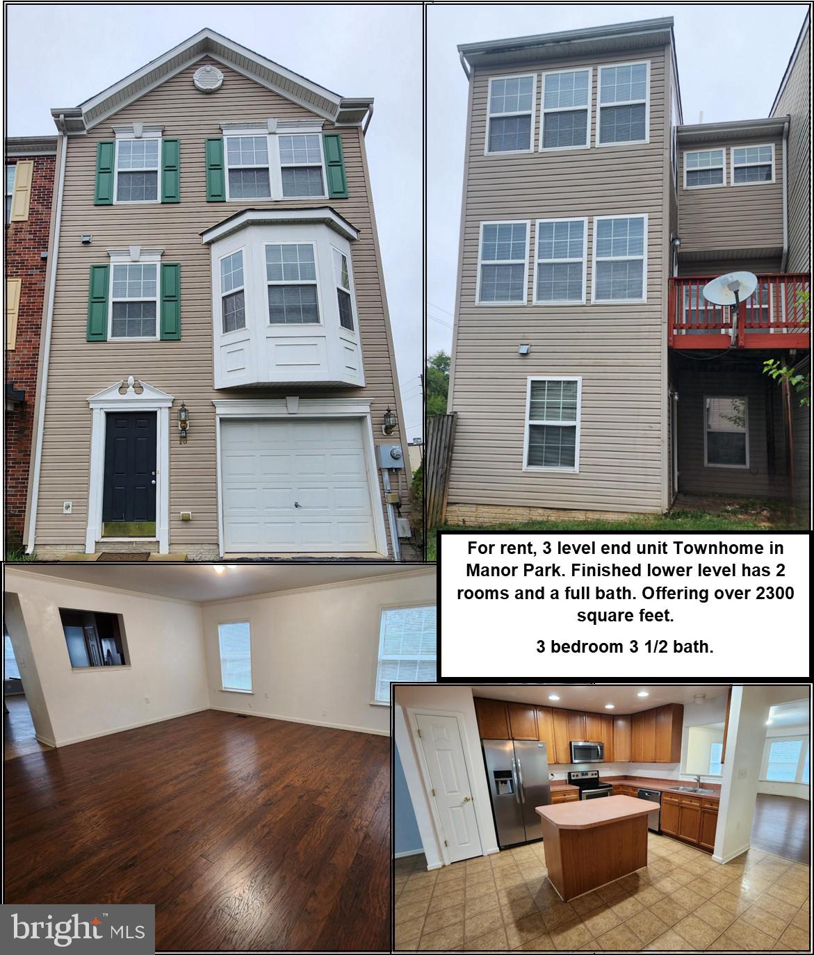 Wow, here is a very large 3 level Townhome in Manor Park for rent. $1750 per month, $1750 security deposit, application fee is $55 per adult. 1 pet accepted on a case by case basis with an additional $50 per month pet rent. This townhome has the bump out on all 3 levels making it one of the largest. Lower level has 2 finished rooms, a full bath, laundry including washer/dryer, and door to backyard. Main level has large living room, dining area, morning room, kitchen with all appliances and half bath. Upper level has 3 bedrooms and 2 full baths. 1 car garage. Tenant pays all utilities and must have renter's insurance. AVAILABLE IMMEDIATELY.
