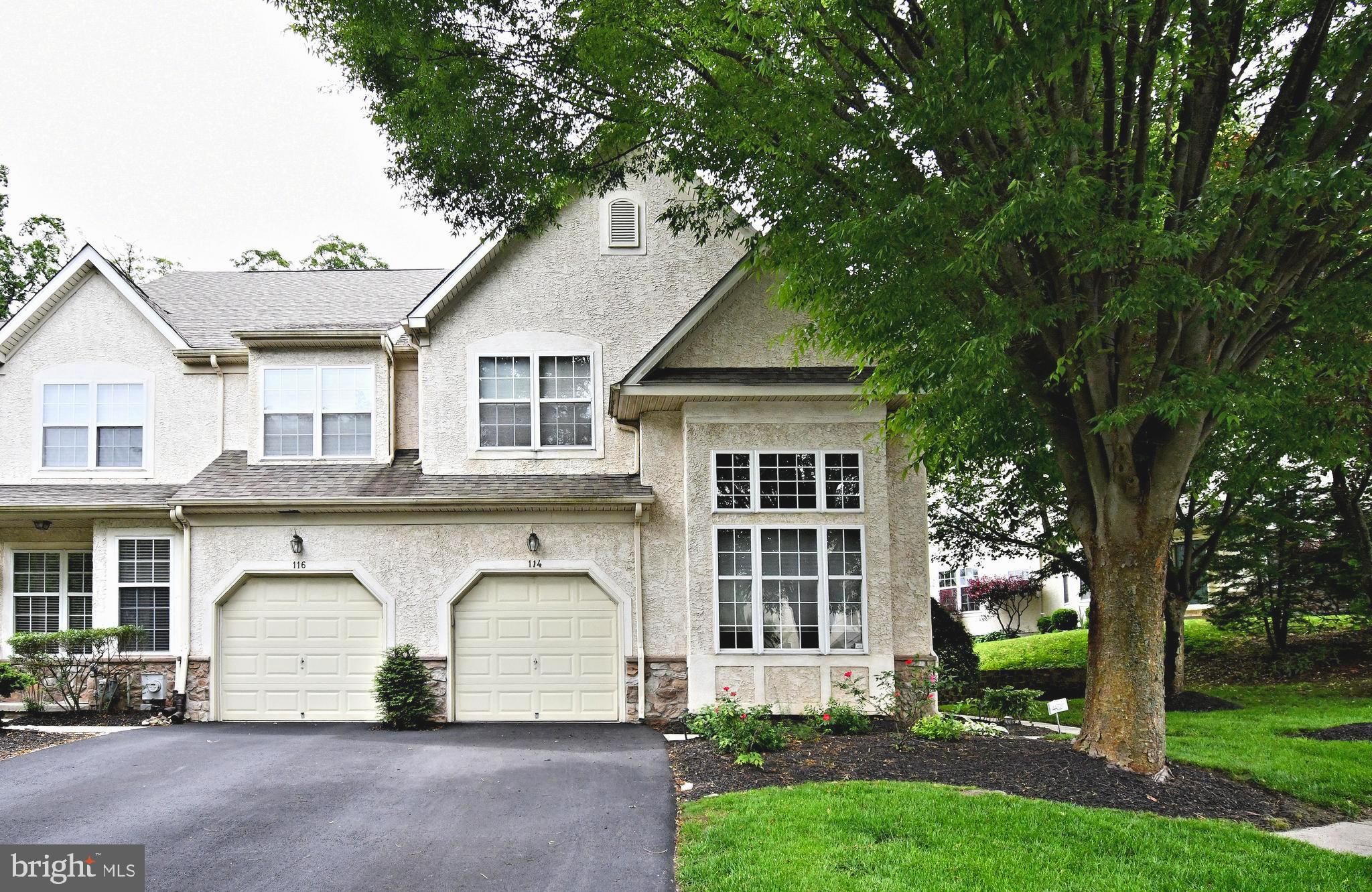 Welcome to 114 Green Valley Circle! This 3-bedroom 2.5 bath Dresherbrooke end-unit is set on a private lot and has been very well maintained. It features; an eat-in kitchen with 42” cabinets, stainless steel appliances, dual pantries and sliding glass door leading to the fenced-in patio area overlooking the woods, family room with gas fireplace hardwood flooring and recessed lighting, formal dining room offering chair rail and hardwood flooring, living room with vaulted ceiling chair rail and newer carpeting. Additionally, the main floor offers the laundry room with access to the attached one-car garage as well as the powder room. The second floor boasts the main bedroom with vaulted ceiling, chair rail, crown molding, sitting room, ample closet space and access to the updated main bath offering a double bowl vanity with granite top as well as a stall shower with tile surround and tile flooring. There are also 2 additional bedrooms and a full hall bath to round out the second floor. Additional features of this home include a finished basement, 9ft first floor ceilings and an underground exterior irrigation system. Don’t miss this opportunity. Home is easy to show and ready to go!!