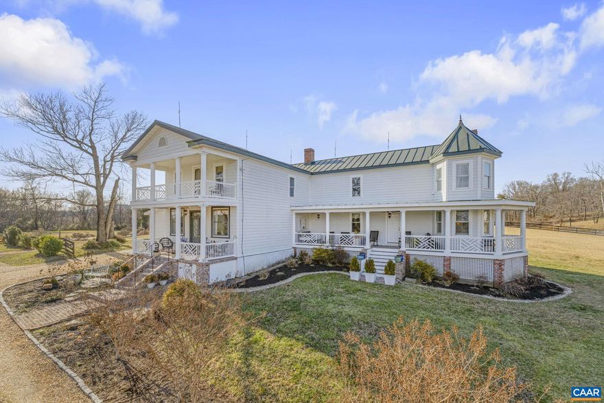 Step back in time into this one-of-a-kind historic home, originally built in 1895 as a general store and post office. Brimming with character, this charming property retains many of its original features: the store shelves now feature library ladders to access books and decor, the tin ceiling tiles are still in place as well as the narrow strip wood floors. Thoughtfully updated over the years, the home offers modern conveniences like an updated kitchen with custom made farmhouse island, plus a huge pantry for small appliances and bulk food. The primary bedroom is on the wing of the main level and offers a sitting room/office, access to the large covered porch, and the coziest reading nook located in the light filled turret overlooking the rolling hills outside. This turret is mimicked upstairs in another bedroom, and is an ideal spot for daydreaming. A total of 3 bedrooms and a den are on the second floor, including 1 with access to a balcony. Outside, you will adore the extensive landscaping, beautiful black board fencing, and multiple covered porches as well as a brick patio from which to take in the breathtaking scenery. Mutiple upgrades include hardiplank siding, metal roof, vinyl windows, added insulation, and so much more.,Formica Counter,White Cabinets,Fireplace in Bedroom,Fireplace in Master Bedroom