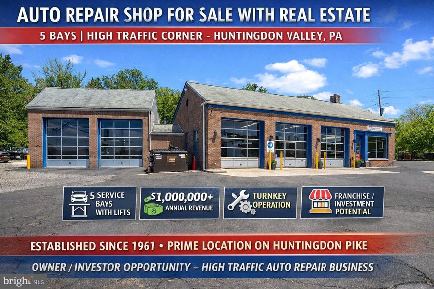 Chuck’s Service Center – Automotive Repair Shop for Sale | Real Estate Included | Huntingdon Valley, PA

Exceptional opportunity to acquire a long-established, profitable auto repair business with real estate located on highly traveled Huntingdon Pike at the signalized intersection of Welsh Rd & Philmont Avenue in Huntingdon Valley, PA. This high-visibility, high-traffic location offers outstanding exposure for an automotive service business, mechanic shop, or franchise operation.

Operating continuously since 1961, Chuck’s Service Center is a well-known, community-trusted auto repair facility with strong repeat business, multi-generational clientele, and consistent cash flow.

The property features 5 service bays / garage bays including 4 lifts (10,000 lb capacity) and 1 lift (12,000 lb capacity). The sale includes a full suite of automotive repair equipment and FF&E, including alignment system, diagnostic equipment, A/C machine, compressors, waste oil heater, tire machines, strut compressor, tools, office furniture, and inventory. This is a turnkey auto repair shop ready for immediate operation.

The business services approximately 2,500 vehicles annually, generating  $1,000,000 in gross revenue, currently operated with 3 mechanics, with clear upside potential. Value-add opportunities include extended weekday hours, weekend operations, additional technicians, improved signage, digital marketing, and targeted advertising to expand the customer base and increase market share.
Ideal for owner-operator, investor, or automotive franchise conversion (Midas, Meineke, Monroe, Firestone, etc.). Suitable for general auto repair, fleet service, tire shop, performance shop, inspection station, or specialty automotive use (verify zoning for alternate uses).
Flexible ownership structure: the layout allows for owner-user occupancy with potential leaseback income. Seller is open to leasing back service bays, providing immediate income stream and business continuity.
Transition assistance available, including training and customer introductions. One experienced owner/operator is willing to remain, ensuring operational stability, goodwill retention, and a smooth transition.