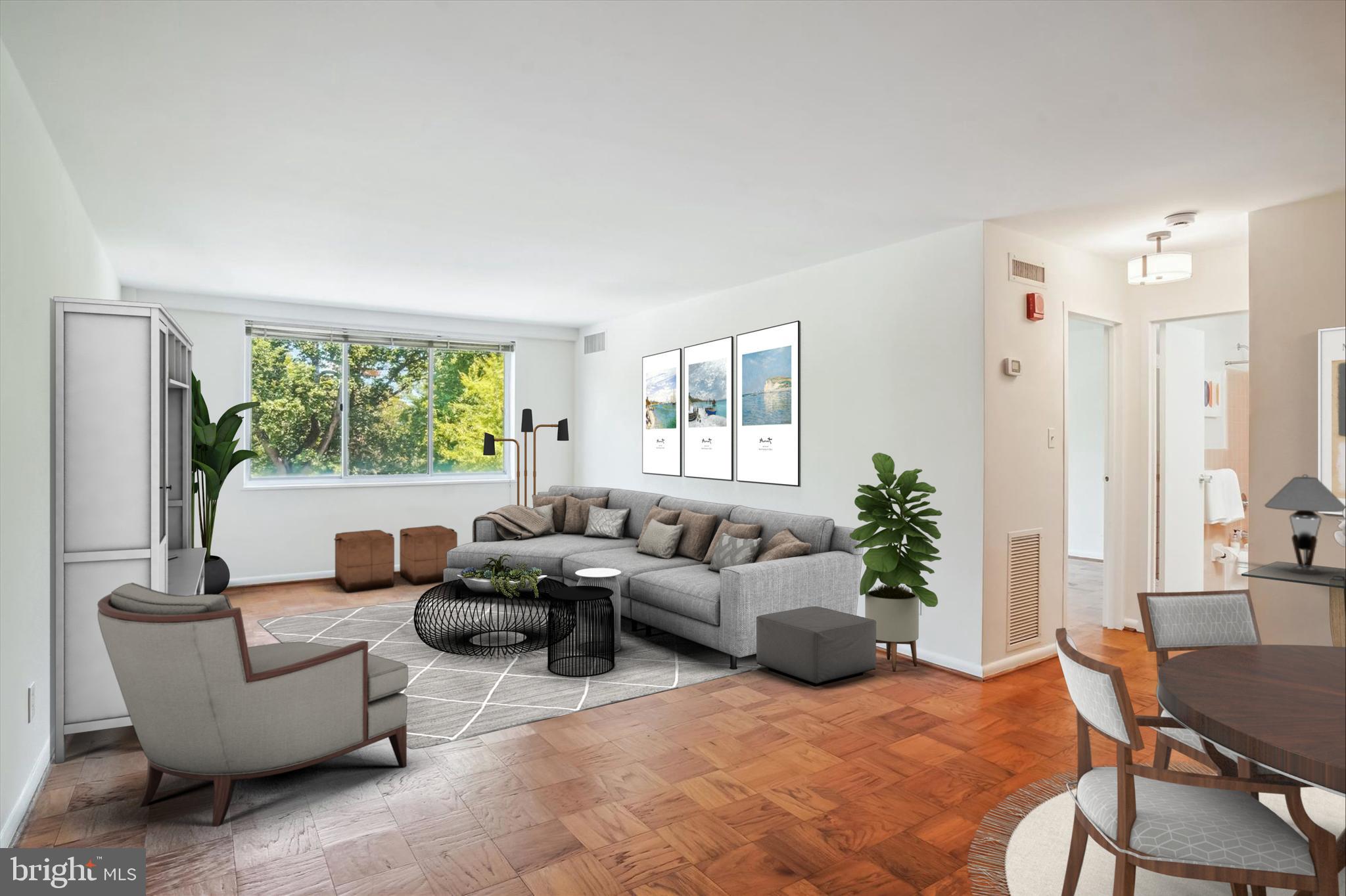 Discover your dream home in this sun-drenched condo that boasts gleaming hardwood floors, an updated HVAC system, new windows, and fresh paint. This spacious one-bedroom layout is designed for comfort and versatility. The generously sized bathroom showcases a stylish new light fixture, while the functional kitchen is a chef's delight—featuring soaring cabinetry for ample storage, updated flooring, chic black-and-white appliances, and a sleek new hood over the range. Ideal for first-time buyers, savvy investors, or those seeking a perfect home away from home, this condo truly has it all. Set on seven picturesque acres in Downtown Bethesda, Whitehall offers unbeatable access to both the Bethesda and Medical Center Metro stations, along with an array of dining and shopping options. You'll be just moments away from favorites like Harris Teeter, Trader Joe's, Woodmont Grill, the rooftop at Hip Flask, BT's, Olazzo, and more! This newly renovated, pet-friendly building also features professional on-site management, convenient laundry facilities on each floor, lower-level storage, a fitness center, scenic walking paths, and expansive green spaces. With all utilities and parking included in the condo fee, life at Whitehall is as convenient as it is comfortable. Enjoy the best of city living, just minutes from Washington, D.C., Northern Virginia, and major commuter routes!