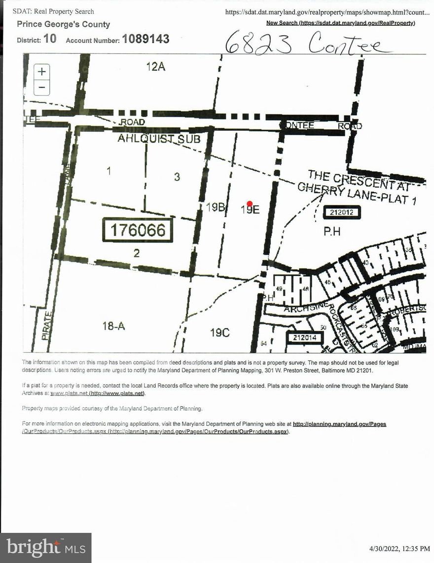 Incredible builder/developer opportunity on a total of 1.32  acres on this piece. For annexing into the city of Laurel for townhouse zoning or multifamily use. Possible larger parcels may be made available as well.Houses are being sold AS IS and are not available to be seen because the main value is in the land.  There is tons of potential here! Total acreage available with other listings is 6.84 acres.
6825 Contee Rd, 7100 Cherry Ln & 7202 Cherry Ln.  SDAT Map for all 4 Properties in Documents for Buyers & Agents information.

Public Water and Sewer hook up with city o Laurel annexing.
See 19-E on owners drawing for location.