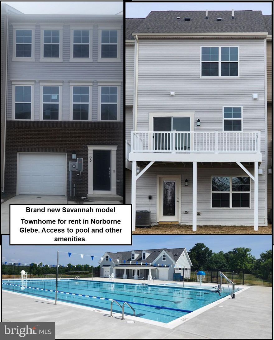 For rent brand new Savannah model 3 level Townhome in Norborne Glebe. This home has gourmet kitchen with cooktop, wall oven, built in microwave, granite countertops pantry, oversized island, recessed lighting.
Luxury vinyl plank flooring on main level. 3 bedrooms, 2 full bath, 2 half bath. Laundry with washer, dryer on bedroom level. Lower level features large recreation room and half bath. 1 gar garage, deck. Sub-division offers pool, playgrounds, walking trail, tennis, basketball and more. Rent is $2200 per month, security deposit is $2200. Application fee is $55 per adult. 1 small dog accepted on case by case basis with an additional $100 per month pet rent. Tenant must have renter's insurance, tenant pay utilities. Landlord pays HOA fee which includes the trash.