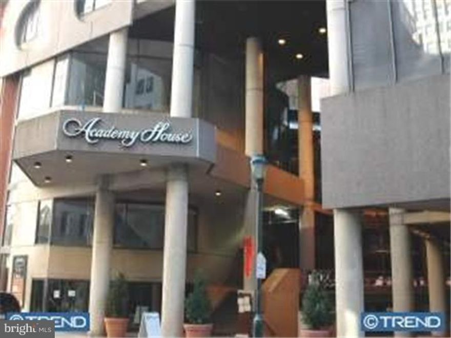 JUST RENOVATED! Upgraded 2 bedroom/2 bath Academy House condominium with large outdoor terrace. Chef's kitchen includes 3 granite countertops, with one serving as an eat-in-kitchen extended semicircular nook. Subway tile backspash. New Frigidaire  stainless steel refrigerator, range, built-in-microwave and dishwasher. Upgraded electric with new GFCIs throughout. Many new light fixtures. Both bathroom vanities come with new granite tops. Large bedrooms that included spacious, customized closets. Freshly painted walls with plush wall-to-wall carpeting. The outdoor terrace is accessible from all rooms. Includes washer/dryer. 1,234 square feet. Condo fee includes all utilities (electric heat, basic cable, air conditioning, hot and cold water) as well as indoor pool/fitness center and 24/7 concierge. Located in the heart of Center City right off the Avenue of the Arts, the Academy House is within steps of plenty of shopping, fine restaurants and cultural events. Please note that the total monthly fee is $1,060.15, which consists of a condo fee of $1040.32 plus a $19.83 special assessment to accelerate repayment of the outstanding loan.