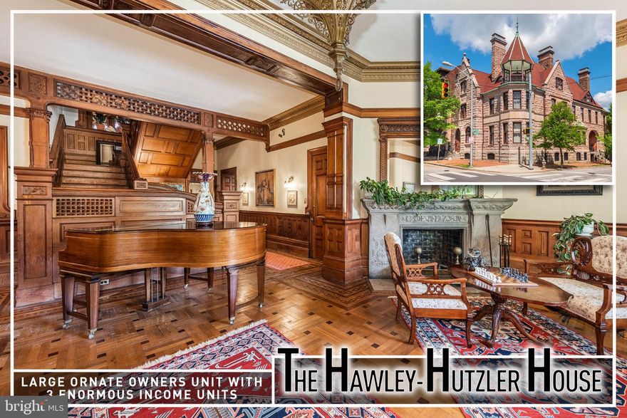 Truly a rare architectural treasure, the newly restored Hawley-Hutzler House stands as one of Bolton Hill’s most distinguished Victorian landmarks. Encompassing over 8,200 square feet across four finished levels, this extraordinary residence is a masterclass in 19th-century design — thoughtfully restored to celebrate its historic integrity while accommodating modern living.  From the moment you arrive, the home’s commanding façade, ornate stonework, and stately presence set the tone for what awaits inside. Elaborate cornices, several historic stained glass windows, intricate brick detailing, and a dramatic entry reflect the grandeur synonymous with Baltimore’s Gilded Age. Within, the scale and craftsmanship are nothing short of breathtaking — soaring ceilings, sweeping proportions, hand-carved woodwork, original plaster moldings, working and decorative fireplaces, and oversized windows that flood the interiors with natural light.  Configured as four legally zoned residential units, the property offers exceptional flexibility without compromising architectural character. The expansive owner’s residence showcases the mansion’s most magnificent spaces — grand parlors designed for formal entertaining, richly detailed millwork, hardwood flooring, period mantels, and refined architectural embellishments that honor its storied past. Three additional rental residences are seamlessly integrated within the structure, preserving historic detail while providing a sophisticated income-producing component.  The rear grounds offer a rare urban sanctuary. Enclosed by a 48'x45', 7-foot walled garden featuring perennials and native plants, the expansive backyard provides space for outdoor entertaining, or quiet reflection. Backing directly to the 2.9-acre Arnold Sumpter Park, the setting enhances the estate’s sense of openness and historic prominence.  A true architectural legacy property — combining scale, craftsmanship, historic pedigree, and income potential — the restored Hawley-Hutzler House represents one of Bolton Hill’s most significant offerings.  All units are separately metered.  Monthly rental income for the 3 rental units totals $5,910/mo!
