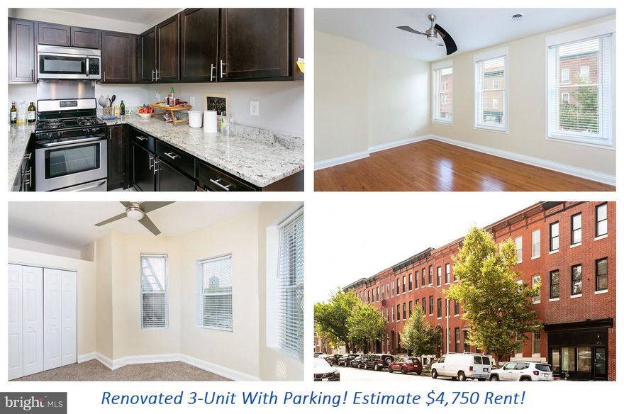 WOW! INCREDIBLE MULTIFAMILY INVESTMENT OPPORTUNITY! This renovated, 3-unit, end-of-group building is located just four blocks south of the highly sought-after Charles Village neighborhood of Baltimore City and features more than 3,700 finished square feet! The second floor unit is currently vacant – live here or rent it out like the others. LOWER LEVEL APARTMENT encompasses the main level, finished basement, and 1-car garage. 4 bedrooms, 2.5 bathrooms, renovated, and currently rented for $2,200 per month + $50 monthly payment towards water bill. Tenants are responsible for the gas and electric bill. SECOND LEVEL APARTMENT is 1 bedroom, 1 bathroom, renovated, and is currently vacant. This unit is completely turnkey and is ready for you to move in. Or, rent it for approximately $1,350 per month. THIRD LEVEL APARTMENT is 1 bedroom, 1 bathroom, renovated, and currently rented for $1,200 per month. The tenant is responsible for the gas and electric bill. Fully rented, this building commands $4,750+ per month! All tenants are current on their rents! Valid lead certificates and current rental license in place! Each unit is beautifully remodeled and features hardwood floors, recessed lighting, upscale kitchens with granite counters and updated appliances, modern bathrooms, and their own HVAC units (which are under a maintenance agreement), water heaters, and stackable washer/dryer units. With its ultra-convenient location, you certainly won’t struggle keeping tenants – less than 1 mile to MICA art school, Penn Station, I-83, a grocery store, countless dining and entertainment options, and less than 2 miles to University of Maryland Baltimore City and downtown Baltimore; you’ll attract both students and professionals alike. Low property tax assessment! What are you waiting for? Schedule a showing today!