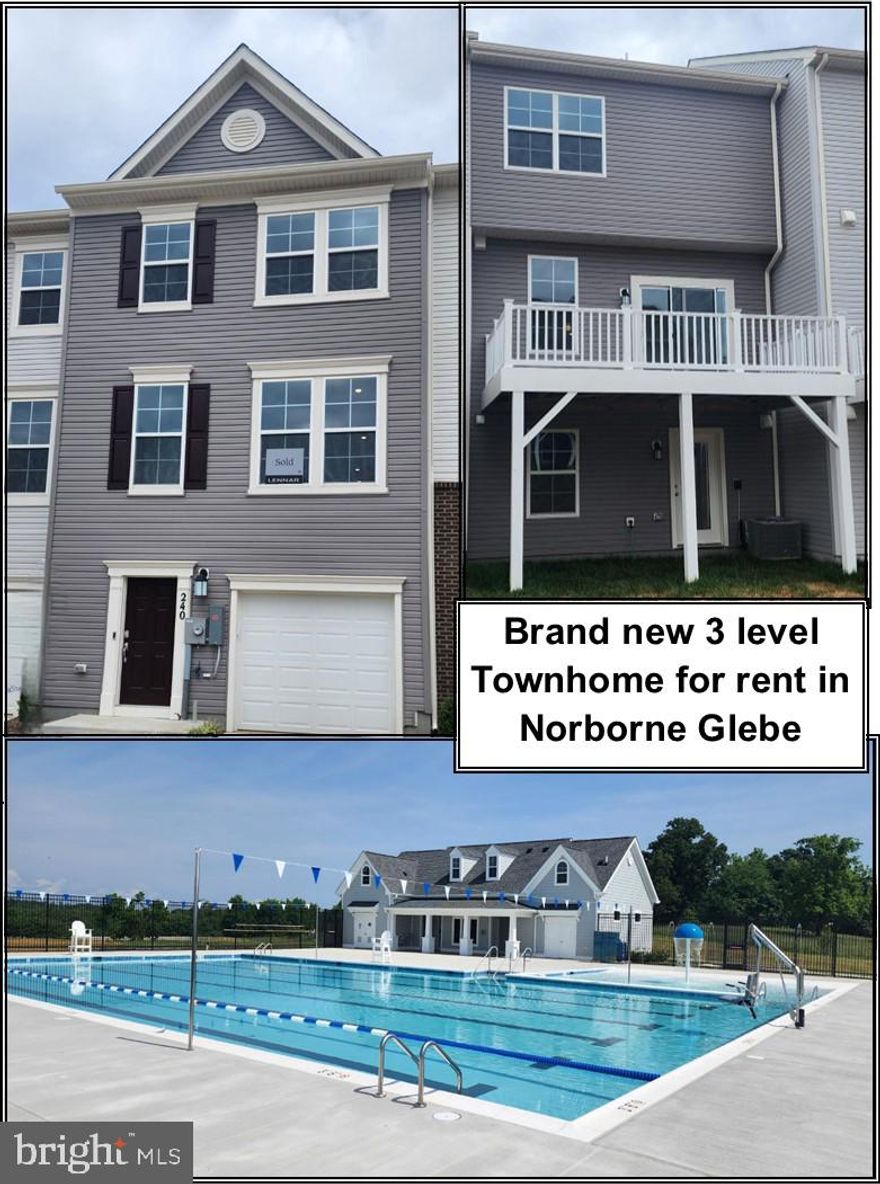 Brand new 3 level Townhome in Norborne Glebe for rent.  Home has the 2 feet extension on all 3 levels. This home has luxury vinyl plank flooring, 3 bedrooms, 2 full baths, 2 half baths, Finished family room with walk out to back yard. Large composite deck of dining area. Rent is $2100 per month, security deposit $2100, credit application fee is $55 per adult. 1 pet accepted on a case by case basis with an additional $50 per month pet rent. sub-division offers pool, playground. Landlord pays HOA fee and that covers trash. Tenant is responsible for all other utilities and must get renter's insurance.