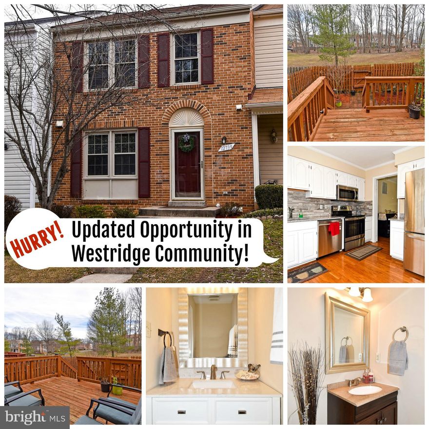 Fully upgraded 3 Level Brick-Front Townhouse in Westridge. The home features brand new stainless steel appliances, granite counter tops, back-splash, hardwood floors on entire main level. All bathrooms have been upgraded and the entire home has been painted. The home also features a large deck and a fenced in backyard, the home backs up to an open space and trees for lots of privacy. Westridge is conveniently located close to shopping, dining and many commuter options. The community offers pools, tennis courts, playgrounds, walking trails, a beautiful lake and more. Don't miss out.