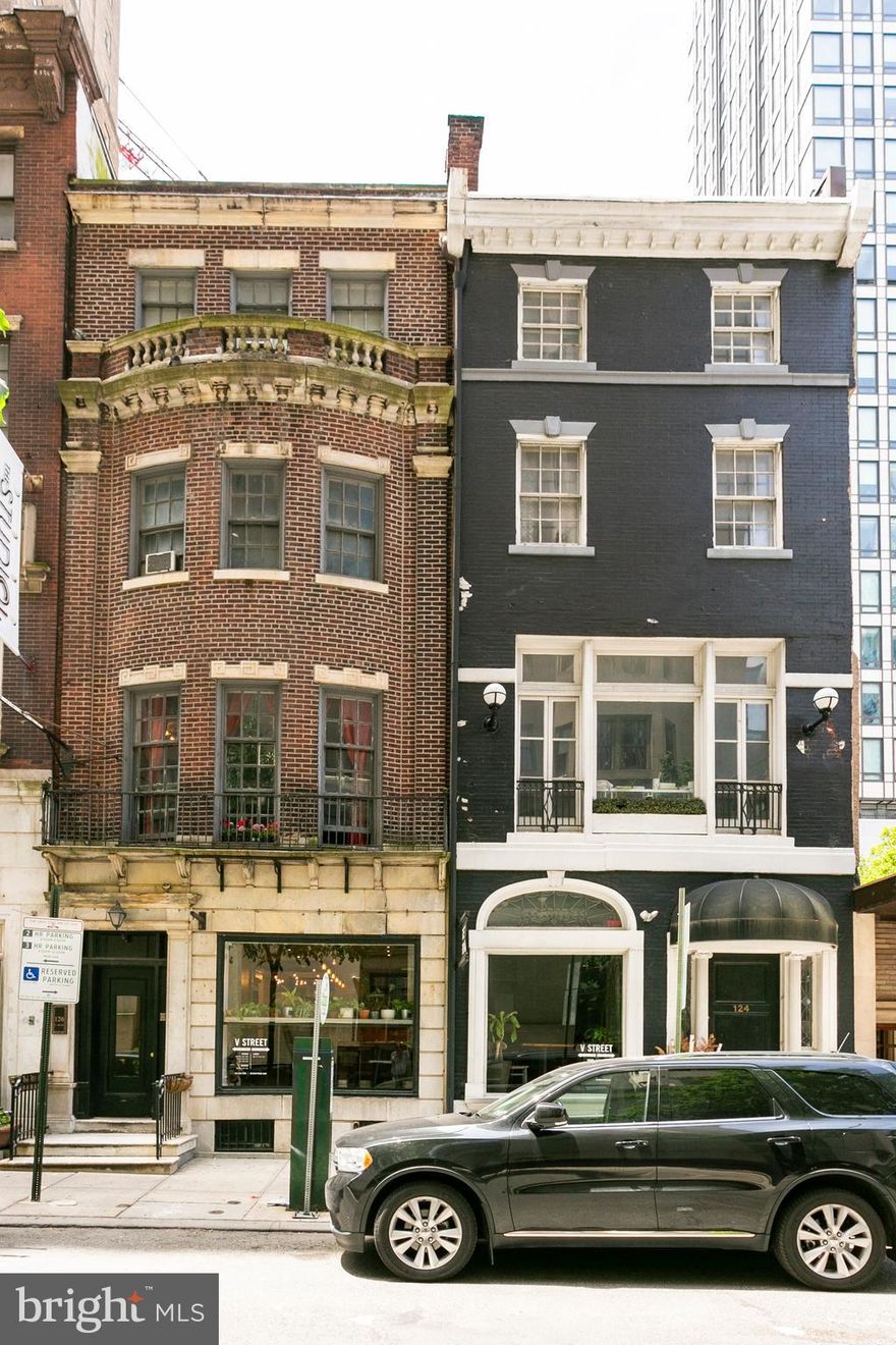 Two Commercial Buildings zoned CMX4.  One block from Rittenhouse Square. 4 stories and basement. Two ground floor retail spaces ( V-Street Restaurant), one office space and 8 apartments.