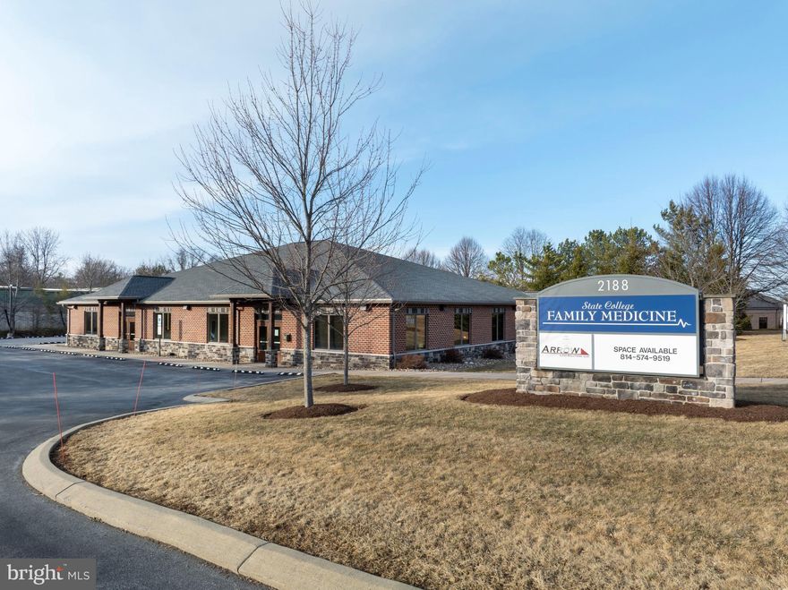 Welcome to 2188 Sandy Drive — a rare opportunity to own over 9,000 square feet of premium medical office space in one of State College’s most desirable professional corridors. Strategically located just off Science Park Road, this property is surrounded by a growing hub of healthcare providers, research facilities, and professional businesses, offering excellent visibility and accessibility to clients and patients alike.

This high-quality medical office building features a thoughtful and functional layout designed to meet the needs of today’s healthcare professionals. The space includes exam rooms, private offices, consultation areas, a welcoming reception, and patient waiting areas, all thoughtfully arranged to optimize flow, privacy, and efficiency. With ample on-site parking, ADA accessibility, and multiple private entrances, the building is well-suited for a variety of uses including primary care, dental, physical therapy, specialty practices, or a medical group headquarters.

A standout feature of this offering is the 2,100 square feet of shell space, providing a blank canvas ready to be tailored to the specific needs of a new owner or tenant. Whether you're planning to expand your current practice, open a new location, or lease to an incoming provider, this build-out-ready area allows full customization while maintaining the integrity and cohesion of the overall space.

The remaining 7,000+ square feet is already built out with high-quality finishes and move-in-ready medical office infrastructure. Built with flexibility in mind, this property could easily accommodate multiple tenants or a single, large practice. The full lower level is finished, adding valuable usable square footage for staff offices, training areas, administrative functions, or additional treatment rooms.

This is a perfect opportunity for owner-users, healthcare groups, or investors looking to secure a strong, versatile asset in a rapidly expanding professional district. Whether you're seeking a new flagship location or a smart addition to your portfolio, 2188 Sandy Drive delivers the space, location, and potential to support long-term success.