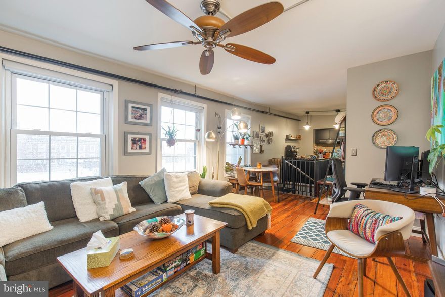 Bi-level loft located on the 4th & 5th floors of the Textile Building in the heart of Old City.  Beautiful refinished original hardwood floors throughout, central heating & cooling and in unit washer/dryer.  The main floor features an open concept with the kitchen opening up to the living room area.  Spiral stairs leading downstairs to a bedroom with high ceilings and ample closet space. The spacious bathroom is just off the bedroom, and by the washer/dryer.  There are entrances on both floors for easy access, along with the building elevator being able to take you to either floor. Steps away from the cobblestoned streets surrounding the Liberty Bell, Independence Hall, and other colonial landmarks.  Easy access to all public transportation.