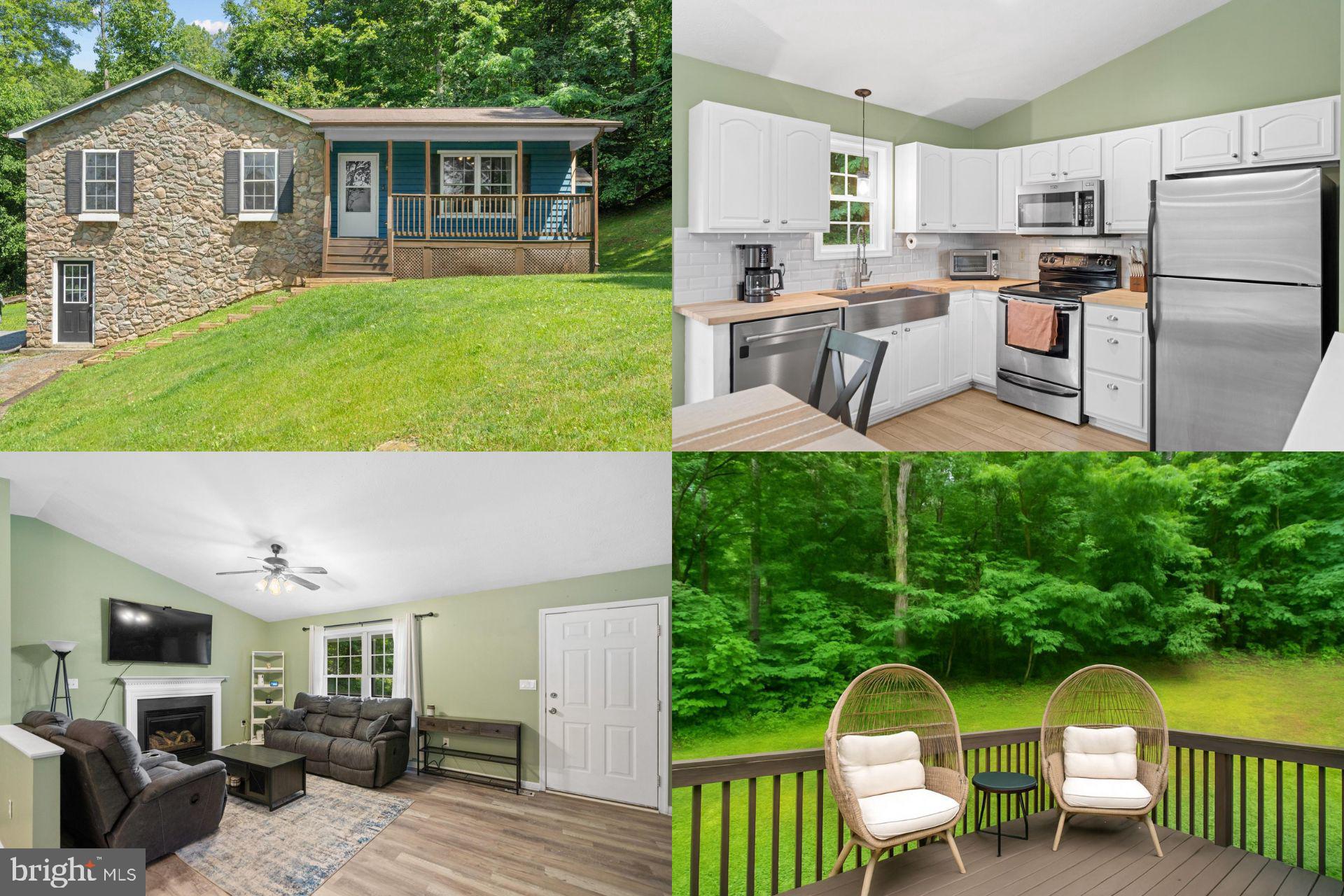 This peaceful mountain retreat perfectly blends modern updates with rustic charm, offering a warm and welcoming atmosphere the moment you walk in. The bright, open floor plan features soaring cathedral ceilings and a cozy gas fireplace that invite you to relax and feel right at home. The stylish kitchen is a true centerpiece, complete with butcher block counters, a farmhouse sink, stainless steel appliances, a sleek backsplash, and a walk-in pantry for added convenience. Fresh new flooring flows throughout the main living spaces, complementing the fully renovated bathrooms that bring a touch of luxury with their contemporary finishes. A brand-new HVAC system ensures year-round comfort and peace of mind, while the partially finished basement—already framed and insulated—offers a blank canvas for future expansion, whether you envision a home gym, office, or extra living area. With high-speed Comcast internet, you're always connected, and outside, you’ll find a freshly painted exterior, a charming front porch, and a private back deck perfect for enjoying quiet mornings or starlit evenings. The spacious yard provides plenty of room to garden, play, or simply enjoy the tranquil surroundings. Just minutes from downtown Front Royal and the Shenandoah trails, this home is your perfect escape with easy access to everything. Additional perks like an attached two-car garage, generator hookup, and no pool for easier maintenance make this move-in-ready gem an opportunity you don’t want to miss.