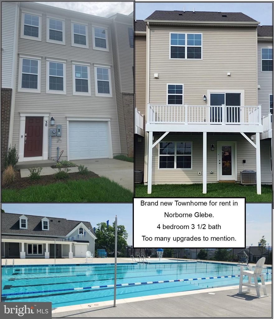 WOW, brand new Savannah model Townhome for rent in Norborne Glebe. Home is 4 bedroom, 3 1/2 bath. Main level has gourmet kitchen with 8 foot island, pantry, cooktop, with wall oven and microwave, dishwasher. Large dining and great room with luxury vinyl plank flooring and fireplace. Upper level as primary bedroom and bath, 2 additional bedrooms and another full bath. Laundry with washer and dryer. All bathrooms have upgraded tile walls and ceramic tile flooring. Lower level has full bath, 4th bedroom and office. Composite deck overlooking visitor parking lot and walking trail, 1 car garage. Sub-division offers pool, playground and walking trail. Rent is $2200 per month, security deposit is $2200, credit application fee $55 per adult. 1 pet accepted on case by case basis with an additional $50 per month pet rent.