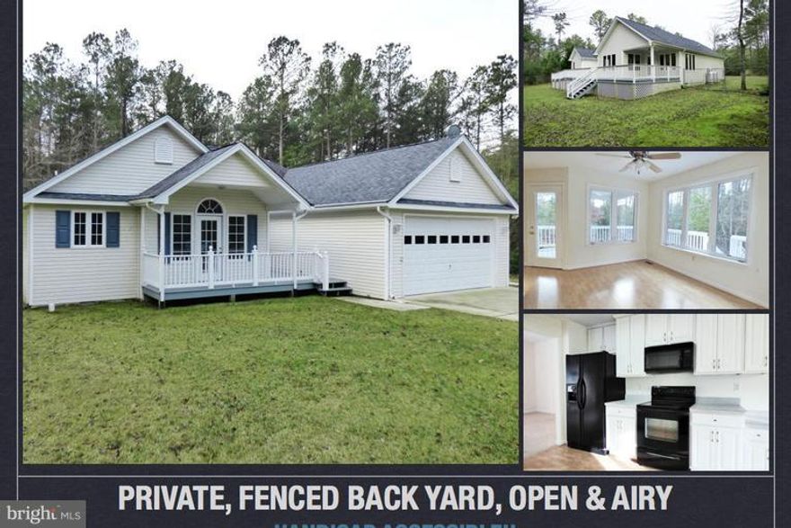 Back off the road with private drive. Master bedroom has it's own porch. Large back deck runs the length of the house. Extra windows make this home bright open and airy. Master bathroom has 9X5 shower, fenced in back yard is great for a dog! Fully handicapped accessible complete with ramp from garage, sidewalk with ramp to back deck.