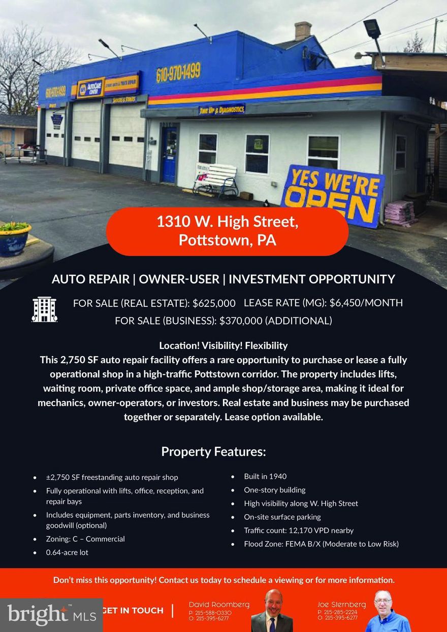 This 2,750 SF auto repair facility offers a rare opportunity to purchase or lease a fully
operational shop in a high-traffic Pottstown corridor. The property includes lifts,
waiting room, private office space, and ample shop/storage area, making it ideal for
mechanics, owner-operators, or investors. Real estate and business may be purchased
