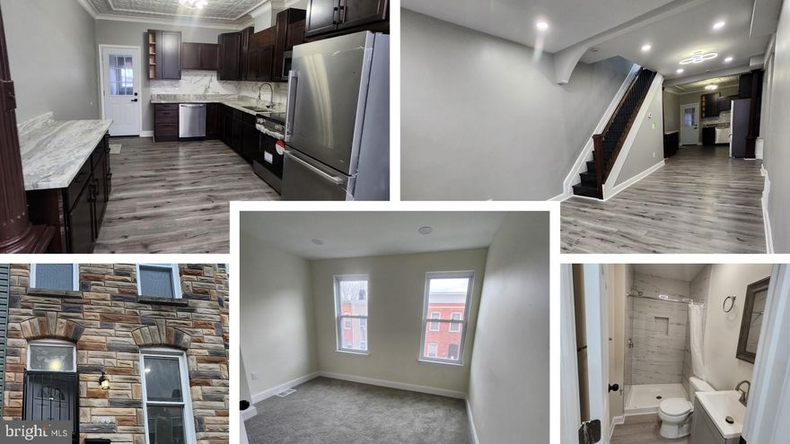 Beautifully renovated top-to-bottom, three-bedroom, three-and-a-half-bathroom Townhome at the heart of East Baltimore's Johns Hopkins Staff & student community. Step into an open-floor vinyl main level with stunning living room, a large dining area and newly installed kitchen featuring beautifully crafted ceilings, custom kitchen backsplash and stainless appliances topped by large dark cabinets. A half-bath and designated laundry area completes this floor convenience with plenty of natural light. Upper level has 2 ensuite bedrooms, each with full baths. Lower level offers a large recreational area, a 3rd bedroom and full bath or make the entire lower level your private haven. Your Choice! All permits were pulled. A generous backyard for your grill and outdoor needs. Off street parking on the front and more parking on E. Madison. A prime location close to Johns Hopkins Hospital, Johns Hopkins Bloomberg School of Public Health, Johns Hopkins Medical Campus, University of Maryland Baltimore and University of Baltimore. Just steps away from the North East Market, restaurants, groceries and everything else. Convenient to several bus routes, Metro, Downtown and major highways.