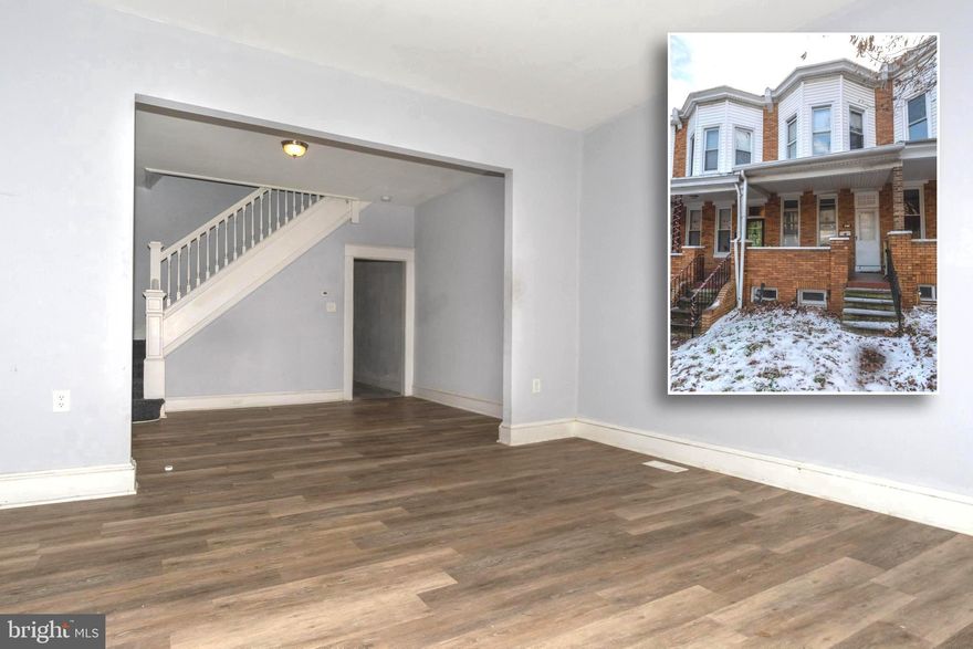 SPACIOUS PORCH FRONT ROWHOME WITH OVER 1,700 SQ. FT. OF LIVING SPACE AND OFF STREET PARKING!  The main level features vinyl wood flooring, a large living room and separate dining area, and an updated kitchen with granite counters.  The upper level offers 3 bedrooms and 1 full bath.  The basement is partially finished with a 2nd full bath.  Main level balcony and off street parking!  Sold As-Is!  Cash or Hard Money loans only