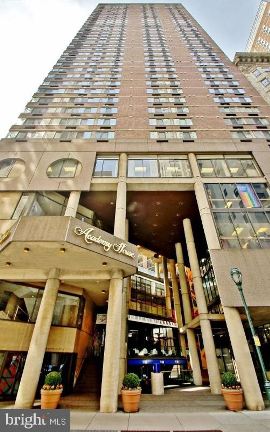 This (junior) one bedroom situated high up on the 32nd floor with a stunning sunlit western view, plus a partial view of the dramatic Center City skyline, could really not be more cute. The living room has three large windows and it is situated right next to the expanded kitchen with ceramic tile flooring, is done in dramatic all white with a breakfast bar which seats three. The bathroom features an espresso vanity in contrast with the white subway tiling with a patterned tile inset. The sleeping area has a stunning view.  This home features a large walk in closet plus additional closet space.  There is plank flooring in the sleeping area and the hallway of this great starter home or pied a terre. These homes also make very popular investment units. Academy House is 24/7 door person building with a state of the art fitness center, attached monthly garage parking, a Community Room and private terrace for the residents and possibly the most convenient location in the city.  You are next to The Academy of Music, a block from The Kimmel Center and three blocks from Rittenhouse Square. To top it off you have great pizza and gelato steps away from your front door.  In addition to monthly condo fee which includes all utilities there is a monthly internet/cable charge of $72.50.