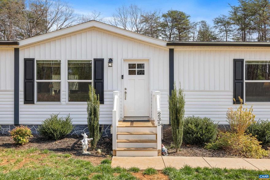 A thoughtfully designed home offering space, comfort, and peaceful surroundings just a short drive from Charlottesville. No HOA or water bill Situated on over 2 acres, this nearly new home offers 4 bedrooms, 2 full bathrooms, and over 1790 square feet of well-planned living space. The open floor plan creates an easy flow between the kitchen, dining, and living areas?perfect for both everyday living and entertaining. The kitchen features modern cabinetry, stainless steel appliances, a large island, and ample counter space, opening into a bright and inviting living area filled with natural light. The primary suite provides a relaxing retreat with a spacious layout and private bath, while three additional bedrooms offer flexibility for guests, family, or a home office. Step outside and enjoy the privacy of over two acres backing to trees, offering plenty of room to relax, garden, entertain, or simply enjoy the quiet setting. Additional highlights include energy-efficient construction, modern finishes, and high-speed Firefly fiber internet availability.