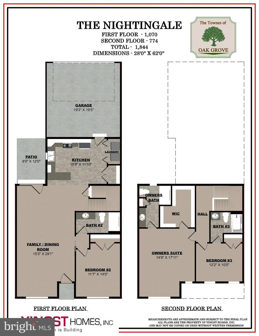A 3 bedroom, 3 bath 2-story townhome with 1,844 sq ft. that includes 2 primary suites. The first floor includes a 1st floor primary suite with full bath, family/dining room, kitchen with granite countertops, and laundry. A primary suite with walk-in closet and full bath is on the second floor, along with bedroom #3 and a full bath. A full basement, rear entry garage and patio are included.  This home is to be built and completed at the end of summer 2024 and is waiting for a buyer's personal interior selections!