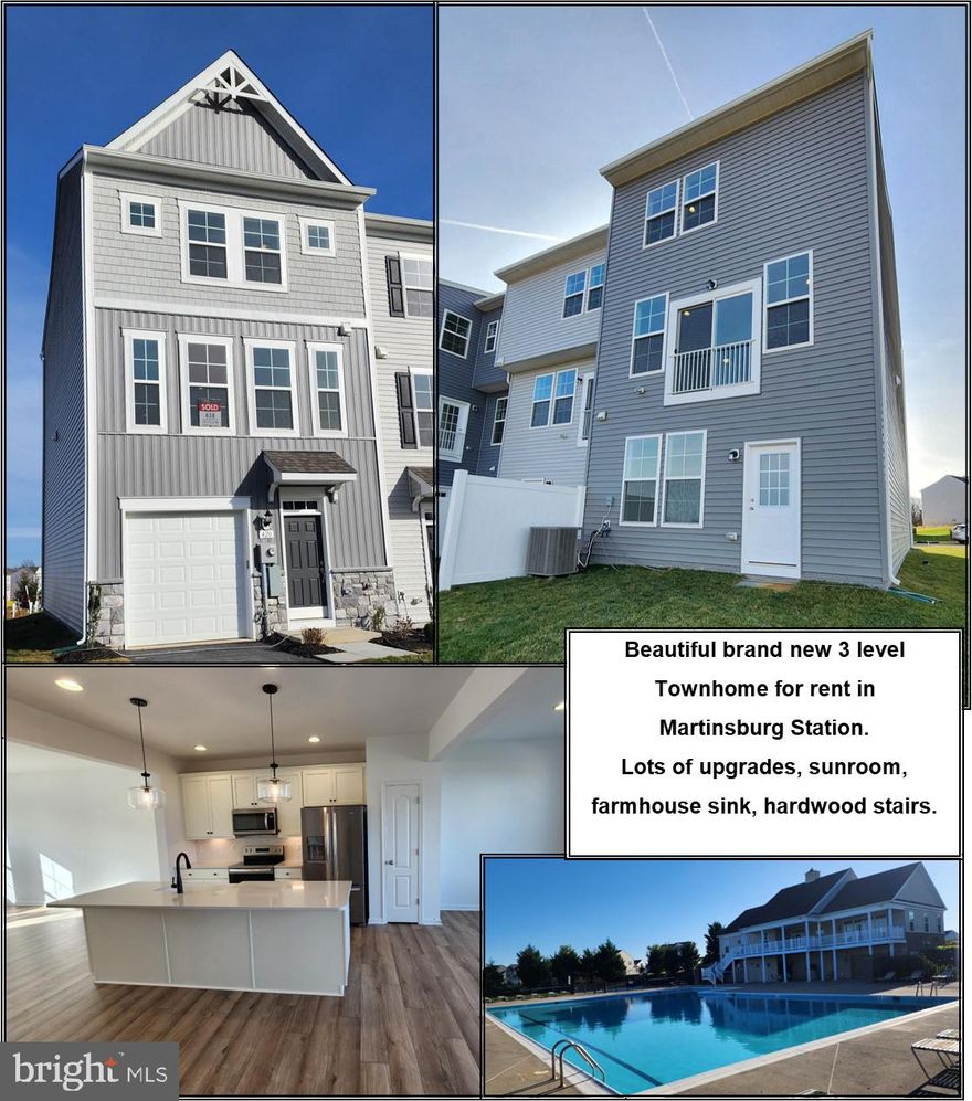 Brand new 3 level Townhome for rent in Martinsburg Station. Home has lots of upgrades hardwood stairs, luxury vinyl plank flooring, finished lower level with full bath. Kitchen has oversized island, pendant lights, farmhouse sink, sunroom, lots of windows and light. Upper level has 3 bedrooms, 2 full bath, laundry.
Rent is $2100 per month, $2100 security deposit, Application fee is $55 per adult. 1 pet accepted on a case by case basis with an additional $50 per month pet rent. Tenant pays all utilities. Tenant must have renter's insurance. Landlord pays HOA fee. Sub-division offers pool, clubhouse, tennis, playground, walking trail. Perfect commuter location only minutes to I81.