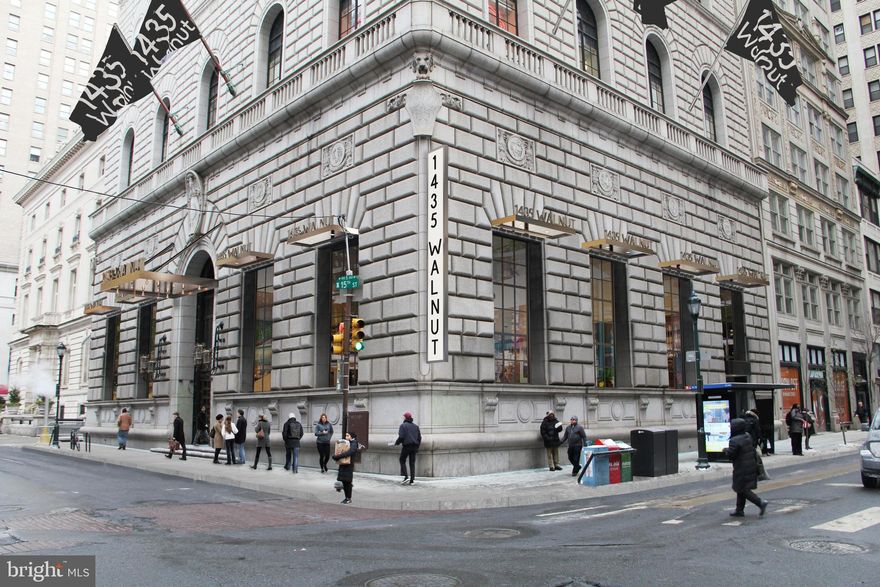 Prime retail space on the highly coveted corner of 15th and Walnut Streets in Center City. The space, located in the historic Drexel Building which was originally built between 1925 and 1927 as the offices of The Drexel Bank, was most recently used as an LA Fitness gym. The current configuration consists of a ground floor, basement and two cat walk mezzanines.  Beautiful original building details remain throughout such as a vault, wood carved ceiling and oversized windows looking onto 15th and Walnut Streets. Located three blocks from Rittenhouse Square and one block from Broad Street in the heart of the city's commercial, retail, residential and dining district. Ideal for a full service restaurant, retailer, hospitality user, showroom or another creative space.