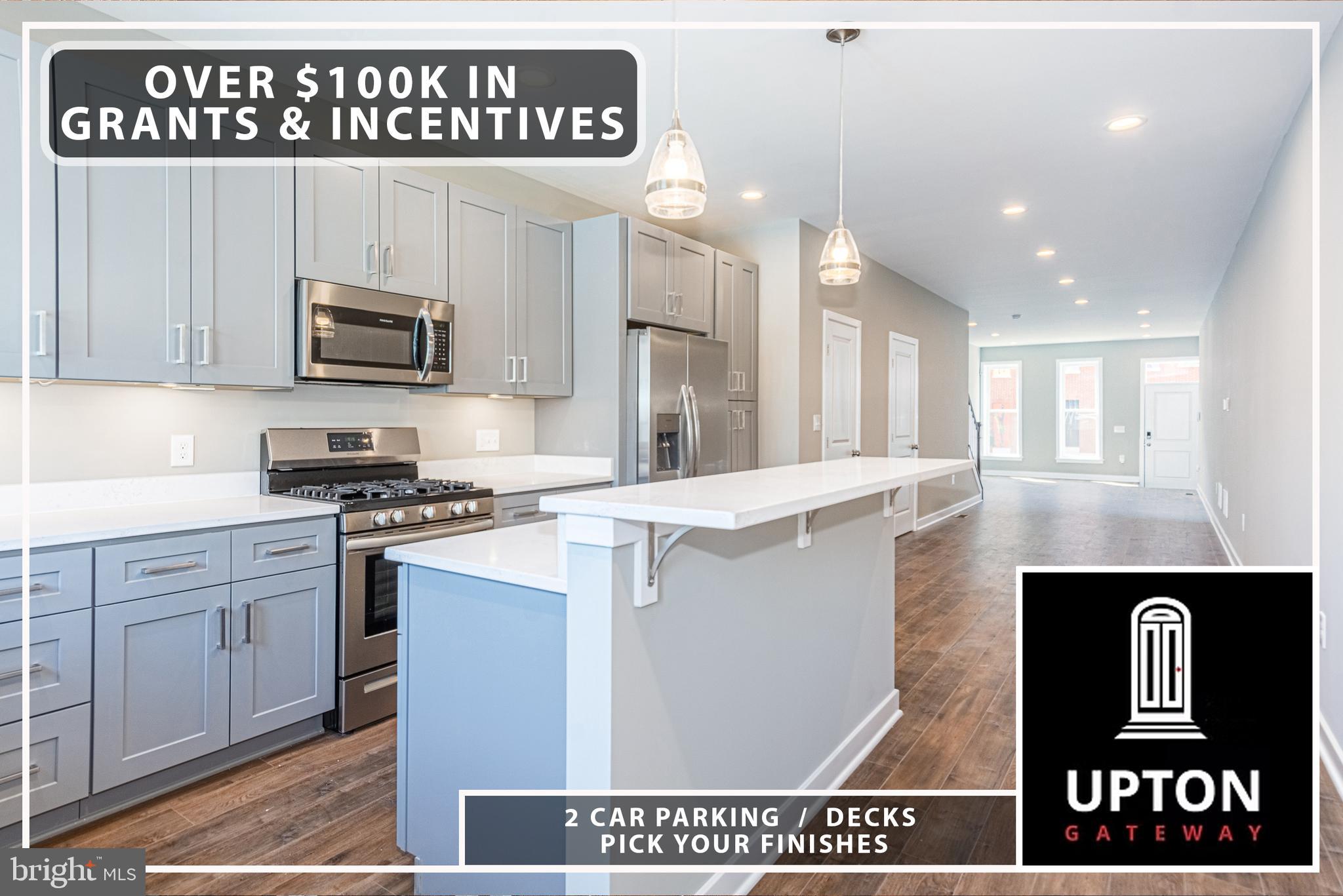 INTRODUCING UPTON GATEWAY - MAKE HOME OWNERSHIP A REALITY! LUXURY RENOVATIONS WITH OVER 100K OF POSSIBLE BUYING INCENTIVES THAT MAKE OWNING A HOME MORE AFFORDABLE THAN RENTING! Standard features include 3 finished levels, wood floors throughout the main level and hallways, carpet in bedrooms, kitchens with 42" cabinets, Frigidaire ss appliance package, and granite counters. Main level with an open floor plan featuring a spacious living room, separate dining area, and kitchen, upper level Primary bedroom suite with full bath and walk-in closet and a 2nd bedroom with a hall bath and bedroom level laundry, 3rd level with 3rd bedroom and a family room, and 2 car off street parking! Tons of buying incentives including 60K Upton Grant, 10K Vacants to Values grant, 25K Live Near You Worship Grant, and a $2,500 lender credit when you use the preferred lender! Pictures are of a finished home in Upton Gateway