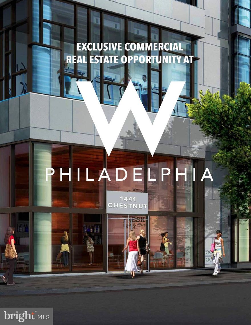 PREMIERE CORNER LOCATION
Avenue of the Arts, Center City’s dominant retail corrido
Be a part of downtown Philadelphia’s busiest intersections - 1812 square feet of a rare boutique-sized retail/restaurant opportunity on the corner of Chestnut and 15th Street. Located on the 1st floor, corner of The W Philadelphia and Element Philadelphia, this rare space benefits from the booming popularity of the 51-story, 755-room hotel. Expansive windows looking out onto Chestnut and 15th Street create the perfect view for window-shopping or people watching.
1812 square feet.
• floor to ceiling windows
•