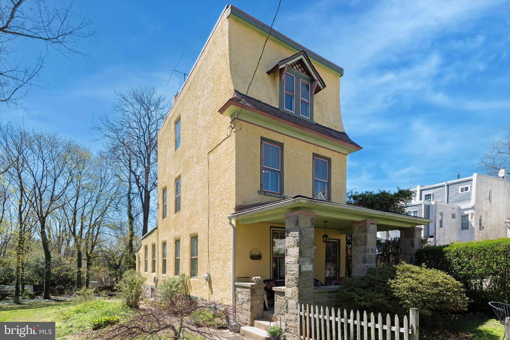 This unique Victorian-styled three-story detached house, circa 1880s, is nestled on a quarter acre lot with stately trees and off-street parking in the heart of West Mt Airy. An open porch with stone detail leads to the Living room and Dining area with wood floors and large bright windows. The eat-in kitchen with exposed brick wall & gas range opens to a large shed. The second floor consists of a bedroom, a study, and hall bathroom. The third floor consists of the second and third bedrooms with wood floors. This historic house has a full basement with an outside entrance. Located near to Mt. Airy’s vibrant Germantown Avenue business district, food market, and commuter train station, this special residence offers an appealing and convenient location. In light of the property’s quarter acre lot with 70 feet of frontage, please refer to the City’s zoning and building codes regarding possible subdivision and potential for major alterations to the house. The parcel is zoned RSA-3.