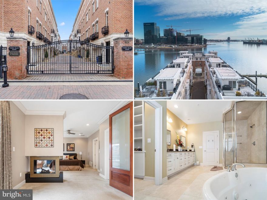 Welcome to 647 Ponte Villas, the epitome of luxury living on the prestigious and gated south pier of  "The Pier Homes at Harborview," Baltimore. Soak in the sun, enjoy the views from multiple balconies, and love life with premium outdoor space on the expansive rooftop level. This private, former model home near the end of the pier showcases designer touches and unparalleled water views, epitomizing the pinnacle of waterfront city living. Inside, gorgeous hardwood floors and crown molding imbue elegance, while a 5-level glass commercial-style elevator connects each floor with sophistication. The gourmet kitchen is a chef's delight, featuring high-end appliances and custom details for cozy dinners and lavish entertaining that opens into a spacious dining and living room with water views from every angle. Blending luxury and comfort, the grand main bedroom suite occupies an entire level, featuring a sitting area, built-ins, a dual-sided fireplace, a spacious walk-in closet, and leads into a spa-like bathroom with a custom shower, separate bath, and double vanities. The experience peaks with a spacious rooftop level equipped with a wet bar and hot tub, offering panoramic city vistas—ideal for entertaining or tranquil nights. The fourth floor offers a family room, two bedrooms, and a bathroom, ensuring space for everyone. A 2-car garage and a fourth bedroom on the ground level complete this exceptional offering. Located on the waterfront promenade, it is a nice jog around the harbor or a short walk to your favorite restaurant. Built with impeccable craftsmanship and meticulous attention to detail, your waterfront hideaway has numerous community amenities, including a fitness center and an outdoor pool. 647 Ponte Villas isn't just a residence—it's a lifestyle of luxury, comfort, and unrivaled views, promising the best of Baltimore living. Watch the drone video virtual tour & download floorplans.