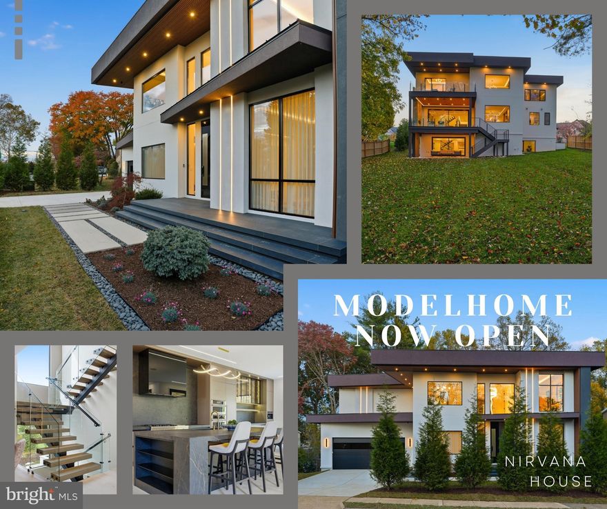 Model Home Now Open! Open House this Sunday from 2:00–4:00 PM! Stop by to design your dream home or choose from one of our available model options! Welcome to Nirvana House – The Pinnacle of Modern Luxury Living! Located in the heart of Vienna, Virginia, Nirvana House is a modern architectural masterpiece that redefines the meaning of contemporary luxury. Set on a lush 16,417 SF lot, this residence spans over 7,972± square feet of inspired design, blending refined elegance, cutting-edge technology, and everyday functionality.

Just minutes from Tysons Corner, this exceptional home offers the perfect balance between urban sophistication and suburban tranquility.

Main Level – Seamless Living & Entertaining

Spanning 2,530± square feet, the main level welcomes you through a 10-foot pivot glass door into a two-story foyer framed by steel-and-glass floating stairs and floor-to-ceiling European windows that fill the home with natural light.

Designed for effortless flow, the main level features a private home office, formal living and dining rooms, a breakfast nook, and a stunning modern kitchen with European cabinetry, an oversized island, and sleek finishes. A spice kitchen, walk-in pantry, custom-built mudroom, and dedicated pet shower elevate convenience to luxury.

A 17-foot sliding glass wall opens to a covered terrace featuring porcelain tile flooring, a fireplace, integrated speakers, wood ceiling, and glass railings with steps leading to the backyard — creating a seamless indoor-outdoor living experience. 10 feet main level ceiling height, emphasizing openness and grandeur.

Upper Level – Private Serenity

The upper level, offering 2,912± square feet, is a sanctuary of privacy and comfort. It features four ensuite bedrooms, each with custom walk-in closets and spa-inspired bathrooms.

The owner’s suite is a true retreat, showcasing dual European walk-in closets, a luxurious spa like bath with heated floors, floating dual vanities, custom lighting, a smart water closet, rain shower, and a sculptural freestanding tub. Step outside to the private covered balcony finished with porcelain tile and glass railings, ideal for tranquil mornings or nights.

Upper Level Additional highlights include 10-foot ceilings, an elevator shaft, and a designer laundry suite with an elevated washer and dryer — the kind of detail you’d expect to find only in a magazine.

Lower Level – Wellness & Entertainment

The lower level, spanning 2,530± square feet, is the ultimate leisure and wellness haven. Featuring 9-foot ceilings and abundant natural light, this fully walk-out level includes a recreation lounge, custom wet bar, wine display wall, fitness room, steam shower, dry sauna, and a powder room. An additional bedroom with ensuite full bath and walk-in closet offers perfect guest accommodations. A covered patio extends the entertainment space outdoors.

Every inch of Nirvana House speaks to excellence in craftsmanship and design. The exterior is finished with smooth stucco exteriors, architectural accents, and exterior LED lighting that defines its striking silhouette.

Inside, 10-inch European white oak engineered flooring flows throughout upper 2 levels, complemented by custom built-ins, European cabinetry, and modern gas fireplaces that bring warmth and elegance to key living spaces.

Nirvana House is also a has smart home features, allowing you to control lighting, sound, cameras, and more at the touch of a button — luxury and convenience intertwined.

Prime Location

Perfectly positioned for both work and play, Nirvana House sits just: 1.5 miles from Tysons Corner, 20 minutes to Washington, D.C., 14 miles to Reagan National Airport, 14 miles to Dulles International Airport, 10 miles to River Bend Golf & Country Club

Step into the future of modern luxury. Step into Nirvana House. Additional homesites available upon request.