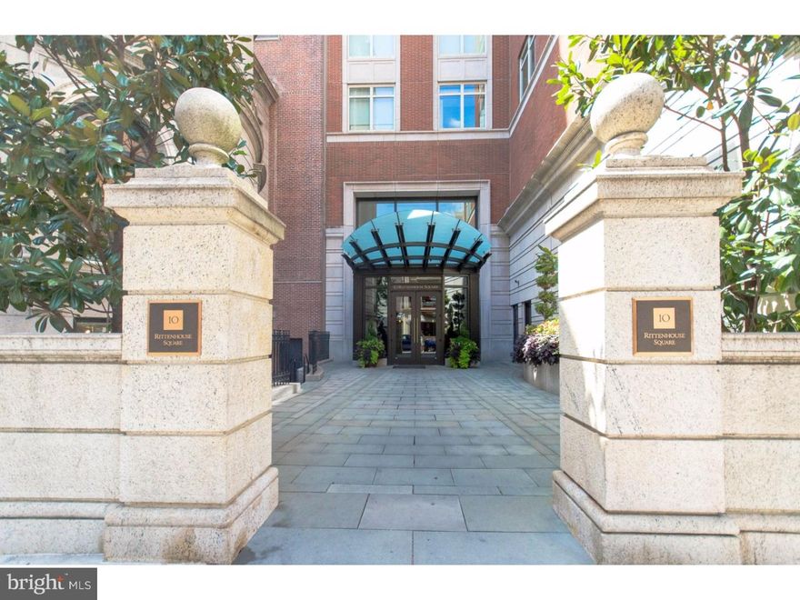 An oasis within the heart of Rittenhouse Square this residence with a private terrace offers an unparalleled level of customized luxury, finish, and intimacy. After being greeted by a 24-hour doorman, enter the home from a keyed elevator that leads you directly onto the 22nd floor.  An elegant gallery opens to the dramatic living and dining space with soaring 11' ceilings, wide-plank flooring,and views of surrounding historic Rittenhouse Square from a wall of floor-to-ceiling windows. This, 2350+sf residence boasts beautiful high ceilings, balcony, oak floors and north, south,and east exposures. The windowed eat-in-kitchen is large and offers a pantry, floor-to-ceiling cabinetry, stone tops and large center island. Designer appliances include Viking, Sub Zero and Bosch. The inviting feel of the kitchen and sitting area creates the perfect place to share with friends, and those rooms play an integral part in the of the present owner's daily life. The space connects to the dining area, where you can showcase your culinary skills at dinner parties for friends. There is a powder room off the main gallery. The Master suite is a pin-drop quiet sanctuary which features a balcony with park views,  2 large walk-in closets and a luxurious five fixture Carrara marble bathroom complete with custom double vanity, deep jetted tub, and a glass enclosed rain shower. Bedroom 2 with en-suite marble bath is currently used as an office is well portioned. There is one on-site parking space included with this purchase.   The buildings 3rd floor houses many of the building's amenities, including a lounge, conference room, catering kitchen, a fitness center, a pool and a terrace.