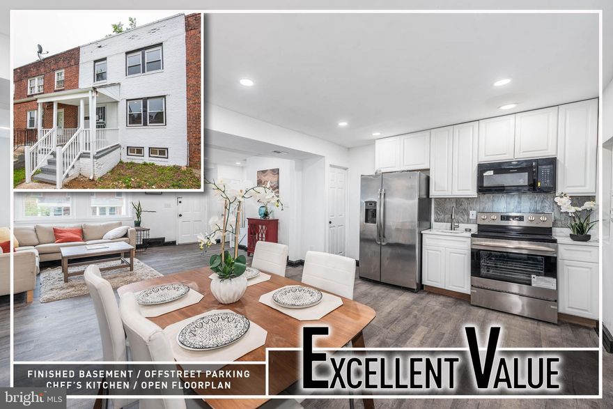 Newly Renovated Rowhome with 3 Finished Levels & Off-Street Parking! Exceptional value meets modern style in this beautifully renovated home offering spacious living across three finished levels. The open-concept main level features wood flooring throughout, a bright and inviting living room, dedicated dining area, and a stylish galley kitchen complete with Quartz countertops and stainless steel appliances. The upper level offers three comfortable bedrooms and an updated full bath, while the fully finished lower level provides additional living space with a large family room, fourth bedroom, and second full bath—perfect for guests, a home office, or extended living. Enjoy the convenience of a rear yard with off-street parking and easy access to shopping, dining, commuter routes, and downtown attractions. Move-in ready and packed with value!