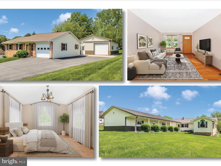 Adorable all Brick Rancher situated on half acre lot. Includes 40X20 Morton building w/40ft long covered porch, epoxy flooring, garage door opener and electricity. Great Building. All the work has been done for you New roof in 2018. A/C unit and boiler were replaced in 2008. Well has UV light. Kitchen cabinet refacing in 2012. Kitchen has corian countertops and bar.  Both bathrooms were updated in 2009, not new, but not the original. All the smoke alarms updated in 2022. New gutters w/ leaf guards on house and Morton building in 2021. Renewal by Anderson Windows and Doors in 2020. New septic drain fields in 2008. The addition was added by Devilbiss Construction in 2010. Kitchen and bathroom flooring replaced in 2019. Hard wood flooring in living room and hallway. Full walk up basement waiting for your improvements. No city taxes and no HOA.