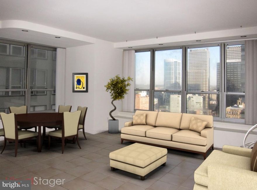 Spacious two bedroom, two bathroom residence showcasing partial Rittenhouse Square views on a high floor at The Dorchester! The home features a generously combined living/dining area with ample space for entertaining and access to a private balcony boasting partial views of Rittenhouse. There is a separate kitchen with ample cabinetry space and stainless steel appliances. The spacious master bedroom has a walk-in closet and ensuite bathroom with a shower stall and single vanity. Adjacent, there is a second bedroom featuring a wall closet that enjoys use of a full hall bathroom.  The home has extra closet space throughout. Residents enjoy a twenty-four hour doorman and all utilities are included in condo fee including basic cable. Use of the building’s state-of-the-art fitness center, seasonal rooftop pool club, and valet parking in the building’s underground garage are available for an additional fee, subject to availability. No pets permitted.