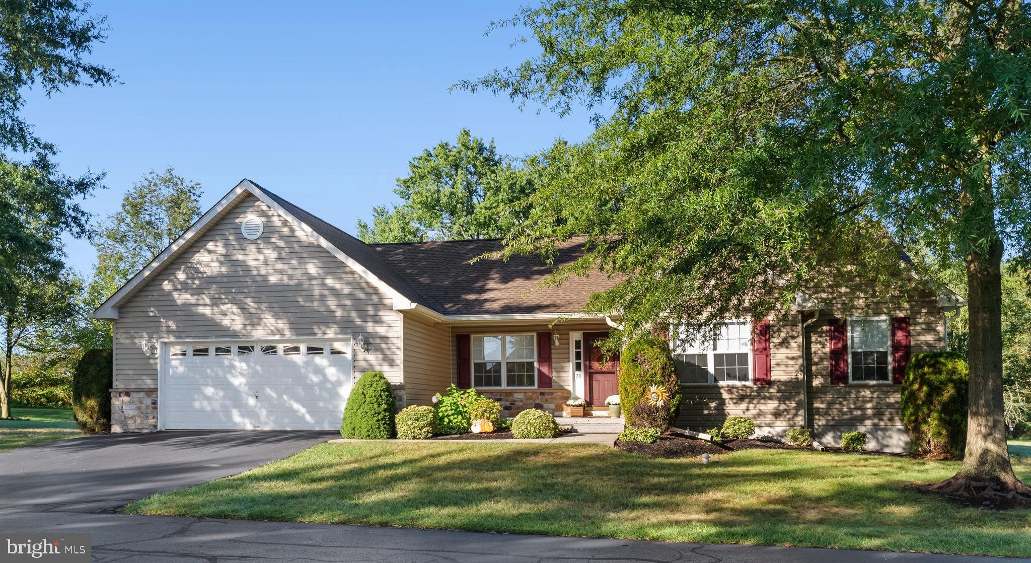 Welcome to 70 Presidential Drive, in the sought-after 55+ community of William Penn Villas in Limerick Township. Upon entering the foyer, you will immediately see the large Family Room ahead. Before that and to your left is the den/dining room. The flooring in the Den, Family Room & Primary Bedroom are new. Moving into the kitchen and breakfast area, (which has sliding doors to the large covered deck!), you will find plenty of counter space, as well as a good-sized walk-in pantry. The kitchen also offers the updated countertops and backsplash. This Family Room off the Kitchen has great space for entertaining. Off the kitchen is a half-bath, the laundry room with tub and access to the 2-car garage and the basement. You will find your bedrooms on the opposite side of the home. There are two nice-sized bedrooms and a hall bath. Double doors will open into the large primary bedroom that offers a walk-in closet with custom shelving, as well as an updated, spacious bathroom. Each of the bedrooms has a ceiling fan. There are also fans in the Family Room and Den.
Your two-car garage has room for storage, as does the full, unfinished basement. The basement is the entire footprint of the house and has an outside entry through bilco doors. The roof and HVAC were replaced in 2021 and the 50-gallon water heater was replaced in 2017; radon remediation was done in 2017.
The monthly HOA dues cover all common area and lawn maintenance, snow removal (your driveway and sidewalks too), trash & recycling pickup. The community also offers a Club House (very activity-oriented, if you so choose) and walking paths. This home is freshly painted and ready for you to move in. Schedule your appointment soon! Don’t miss your opportunity to enjoy living in this great community.