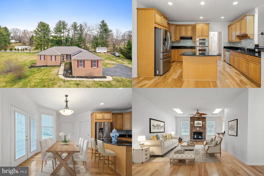 Gorgeous Custom Built Ranch Style Home Situated on a private nearly 2 acre lot. This home boasts gleaming hardwood floors, skylights, crown molding, recessed lighting, 9' ceilings with an open floor plan. Main Level: Gourmet kitchen with granite countertops, tiled backsplash, island, bar seating, gas cooktop, wall oven & covection microwave, pantry & table space, formal living & dining room with elegant stone gas fireplace, grand owners suite with walk in closet, spa-like master bathroom with jetted tub, seperate shower, double sinks, water closet & WIC, 2nd bedroom with ensuite ADA compliant full bath, WIC & extra closet, 3rd bedroom, 3rd full hall bath, laundry room and walk out to attached 2 car garage. Lower Level: Walk up basement with Large Living/Game/Entertainment Space, 4th full bath, 4th bedroom, workshop & storage space. Outside: Plenty of outdoor entertaining space, shed, lots of driveway parking property backs to mature trees. Rural setting but just minutes from shopping, restaurants, entertainment and commuter routes and there is No HOA!!!  Accepting Back up Offers